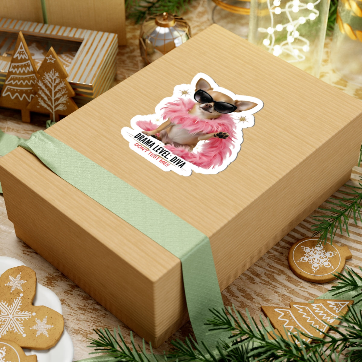 Drama Level: Diva Sticker, Funny Small Dog Attitude Vinyl Sticker, Pink Feather Boa Glam Pup, Gift For Pet Lovers Sassy Waterproof Decal