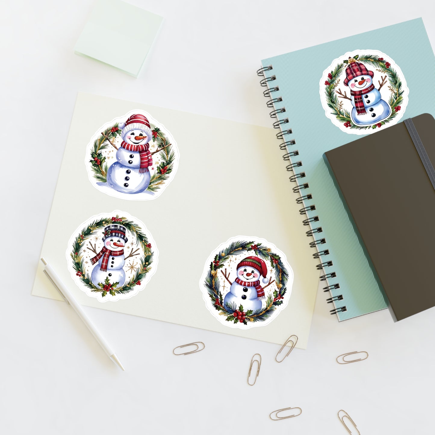 Four Snowman Sticker Set, Winter Holiday Decals, Christmas Snowmen Vinyl Stickers, Wreath Art For Laptop, Planner, Scrapbook, Mug,Journal