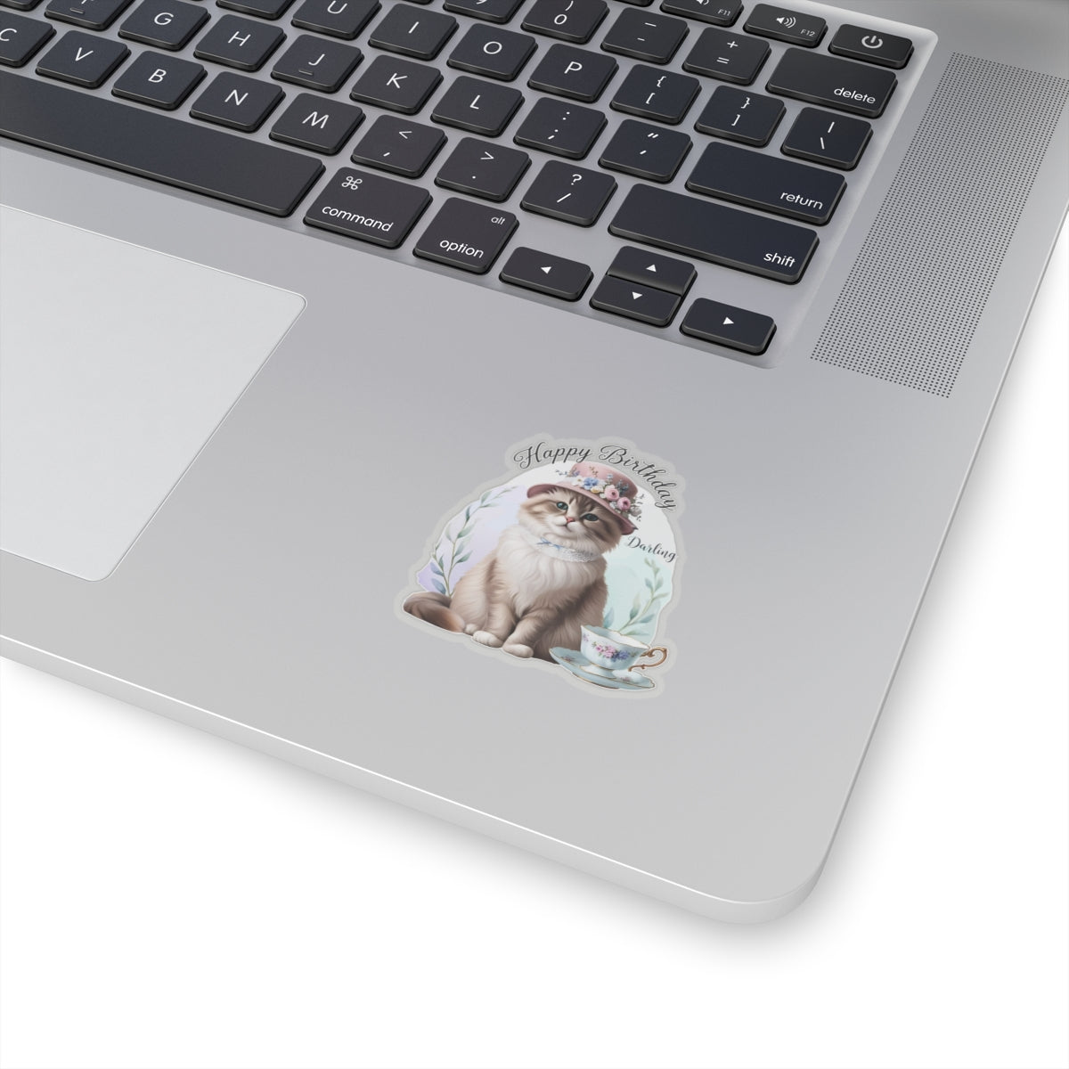 Happy Birthday Darling Sticker, Fluffy Cat In Floral Hat With Teacup Vintage Style Cute Vinyl Sticker, Gift For Cat Lovers Elegant Party Art