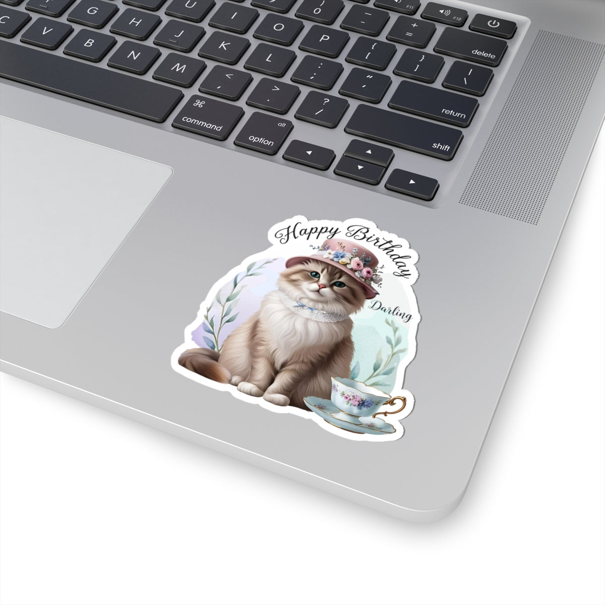 Happy Birthday Darling Sticker, Fluffy Cat In Floral Hat With Teacup Vintage Style Cute Vinyl Sticker, Gift For Cat Lovers Elegant Party Art