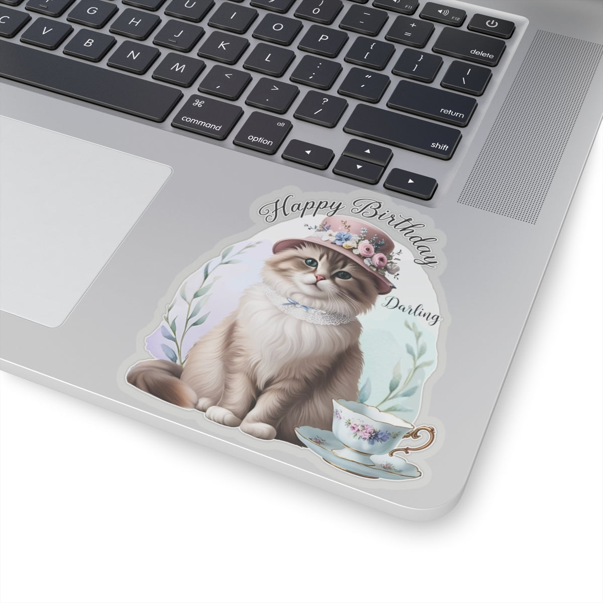 Happy Birthday Darling Sticker, Fluffy Cat In Floral Hat With Teacup Vintage Style Cute Vinyl Sticker, Gift For Cat Lovers Elegant Party Art