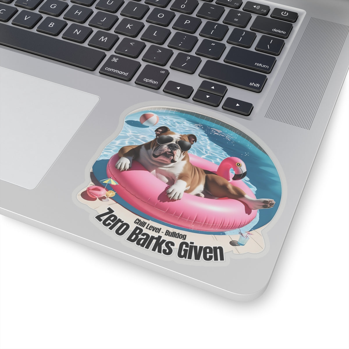 Zero Barks Given Sticker, Funny Bulldog Summer Vinyl Sticker, Chill Level Bulldog Dog Lover Gift, Pool Float Humor Waterproof Laptop Decal Gift
