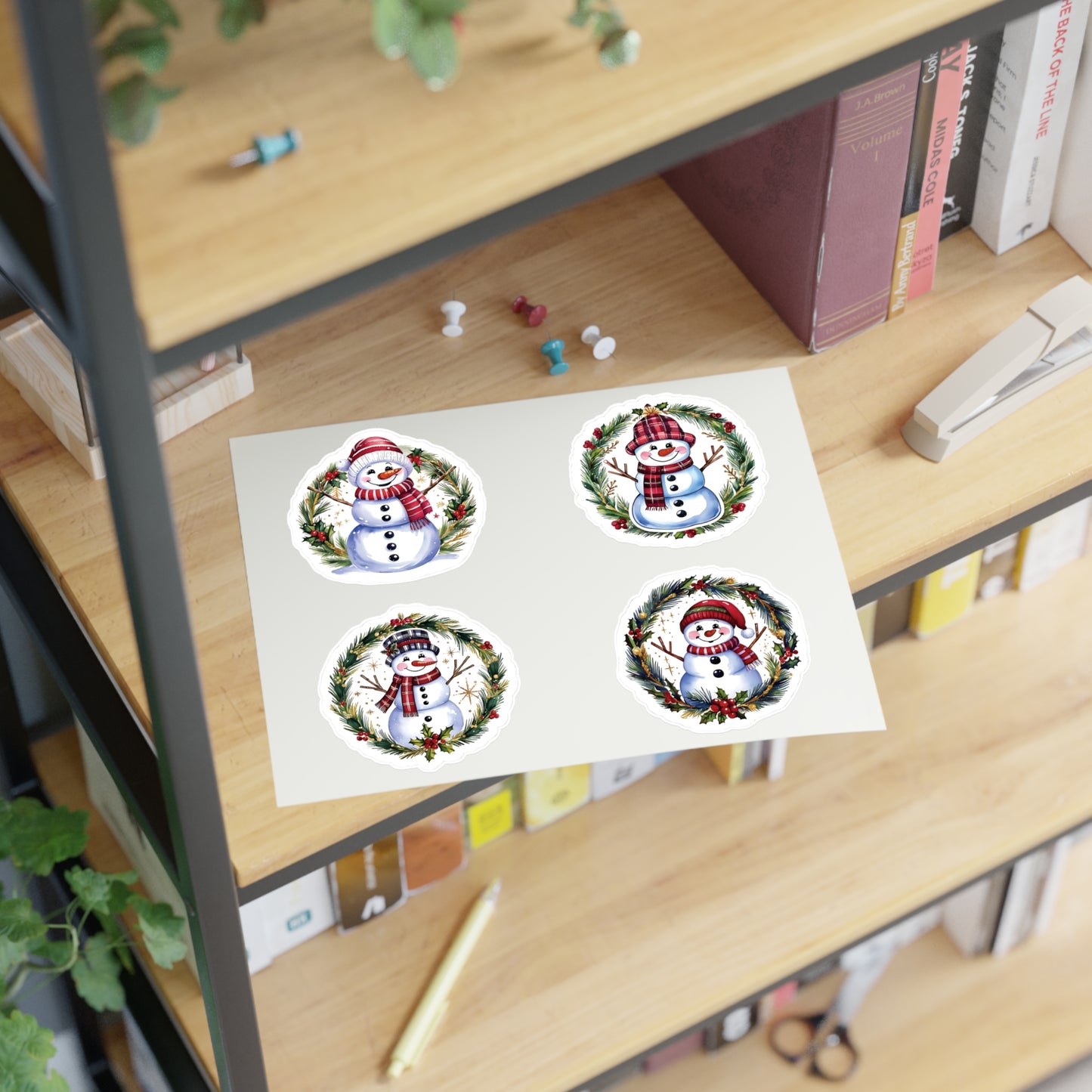 Four Snowman Sticker Set, Winter Holiday Decals, Christmas Snowmen Vinyl Stickers, Wreath Art For Laptop, Planner, Scrapbook, Mug,Journal