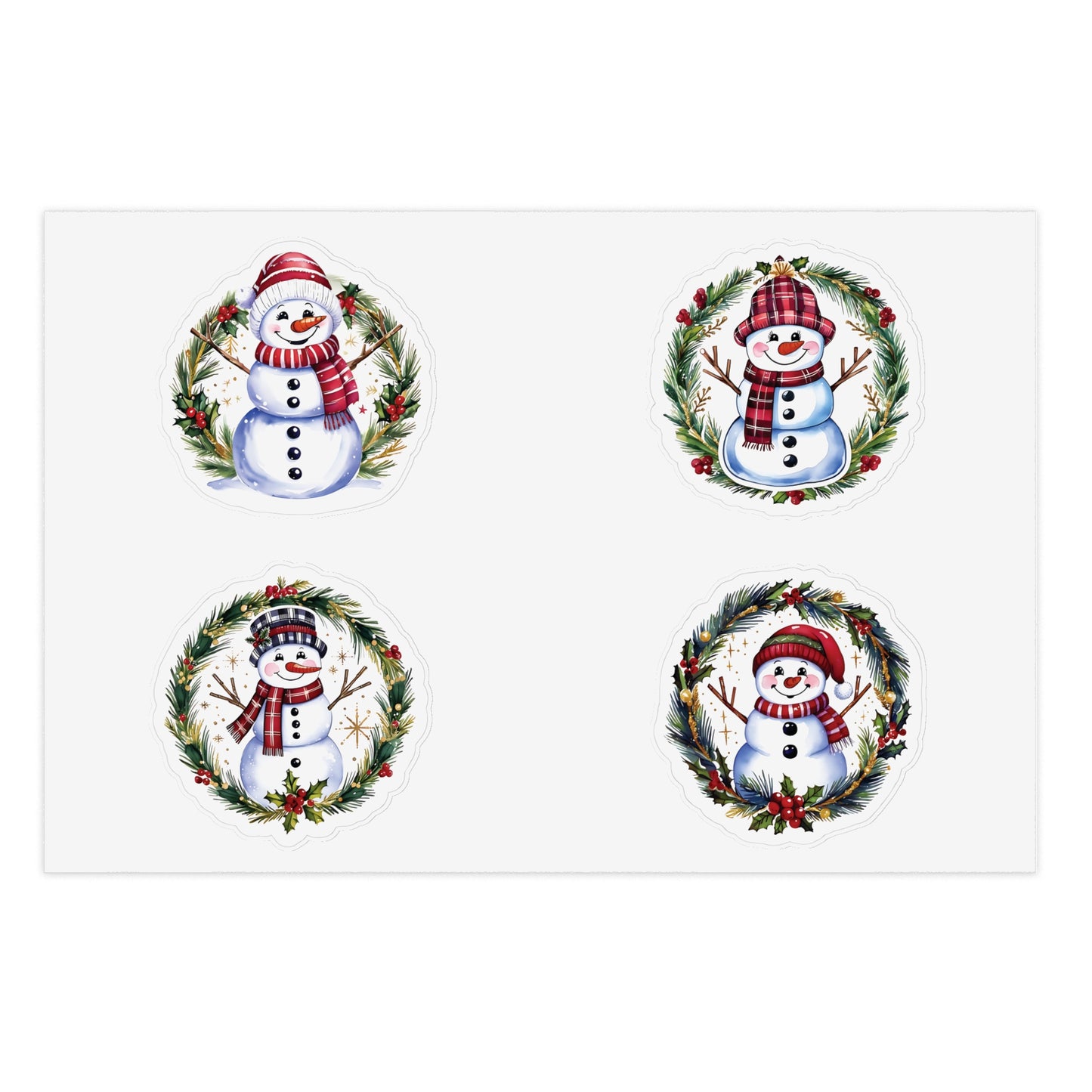 Four Snowman Sticker Set, Winter Holiday Decals, Christmas Snowmen Vinyl Stickers, Wreath Art For Laptop, Planner, Scrapbook, Mug,Journal