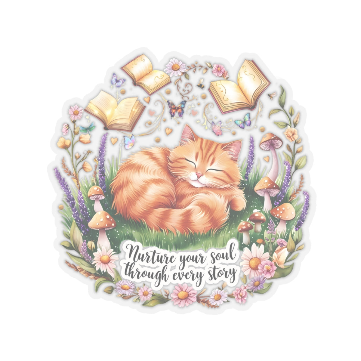 Nurture Your Soul Through Every Story Book Lover Cat Lover Plant Lover Sticker Nature Inspired Decal Laptop Planner Sticker