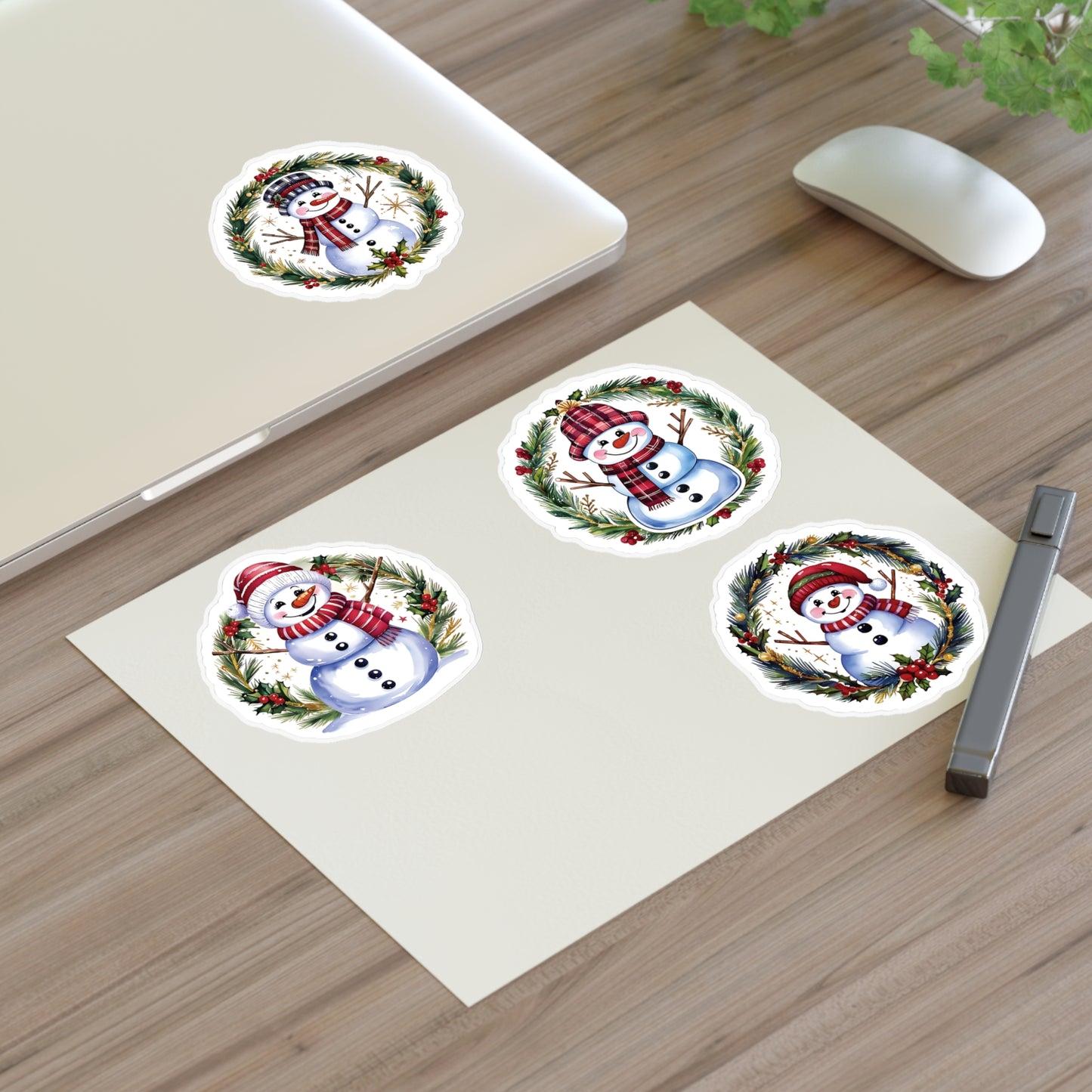 Four Snowman Sticker Set, Winter Holiday Decals, Christmas Snowmen Vinyl Stickers, Wreath Art For Laptop, Planner, Scrapbook, Mug,Journal