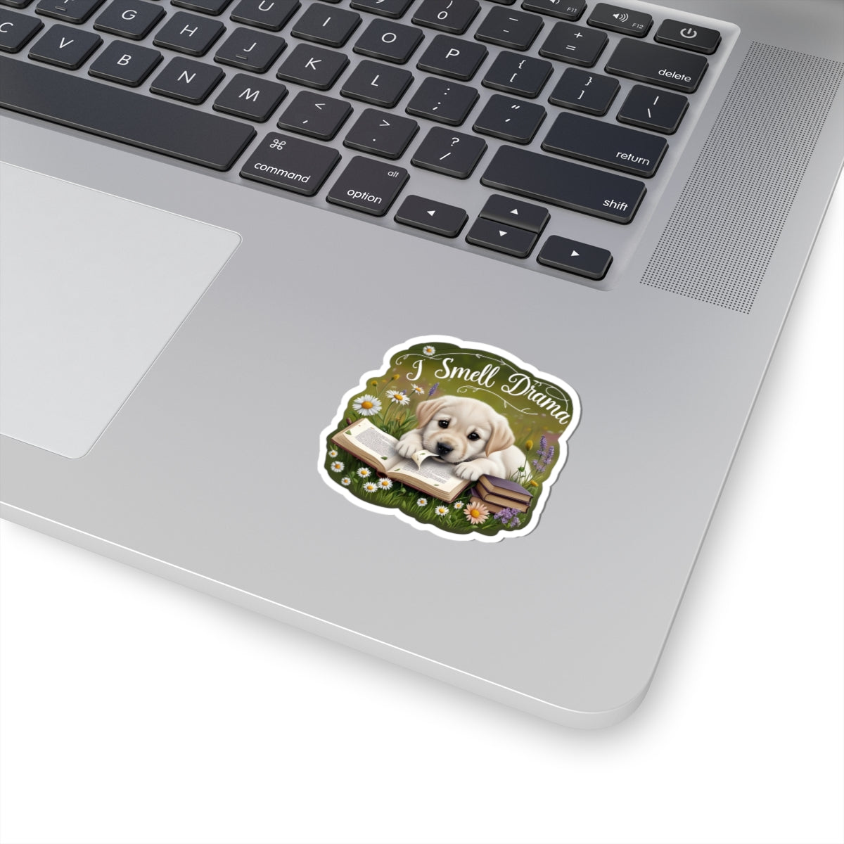 I Smell Drama Sticker, Cute Labrador Puppy Book Lover Gift, Reading Dog Vinyl Sticker, Daisy Meadow Decor, Waterproof Literary Dog Decal Gift