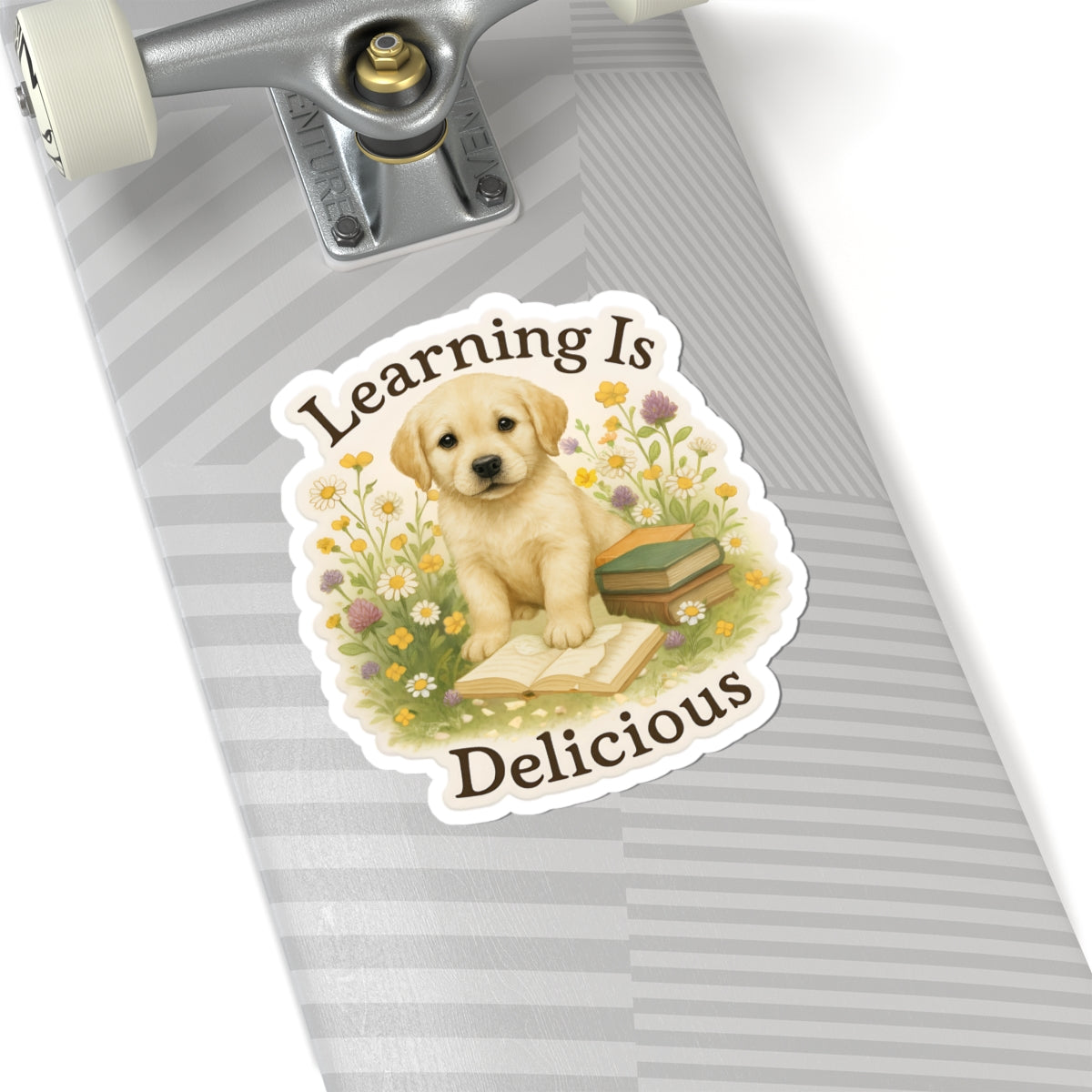 Learning Is Delicious Sticker, Yellow Labrador Puppy Reading Book Sticker, Wildflower Meadow Dog Vinyl Decal, Cute Bookish Gift For Dog Lovers