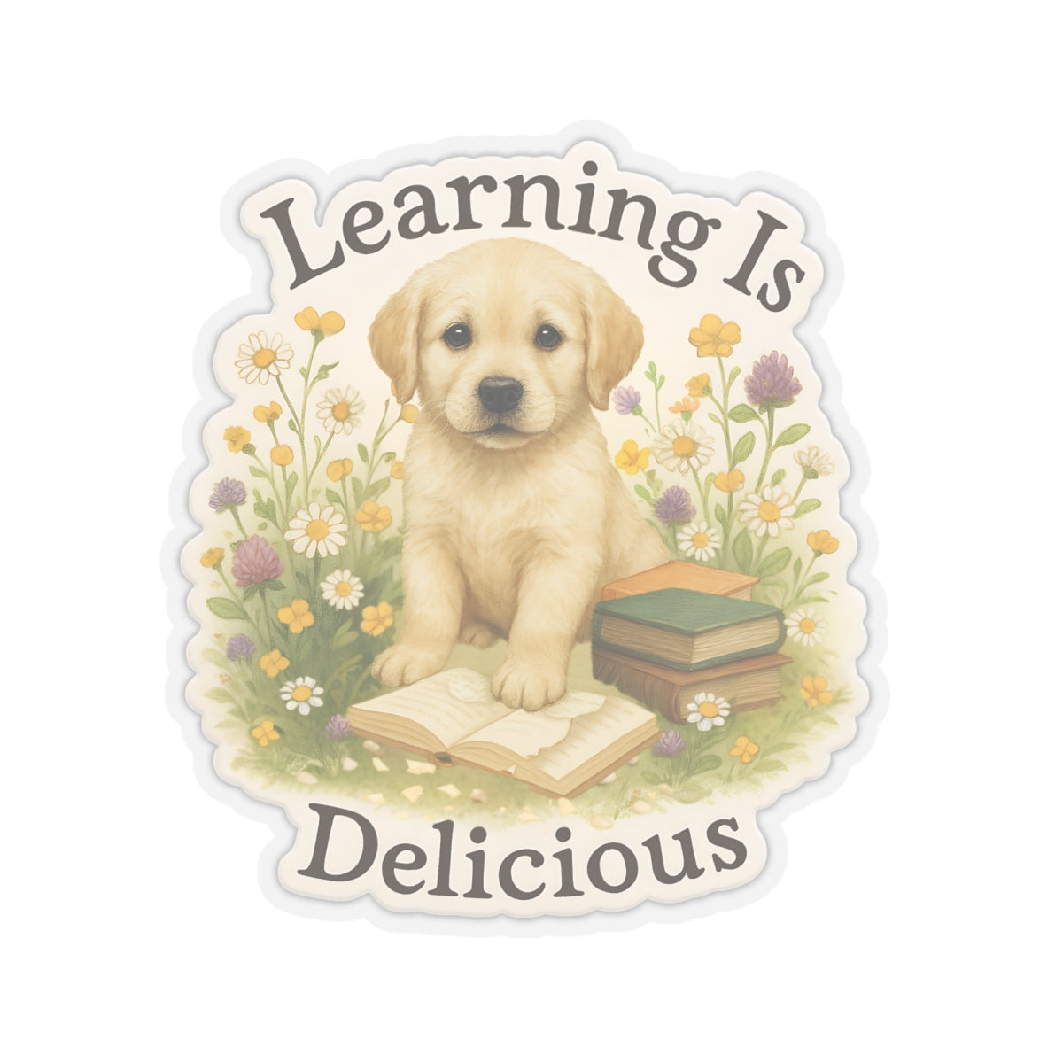 Learning Is Delicious Sticker, Yellow Labrador Puppy Reading Book Sticker, Wildflower Meadow Dog Vinyl Decal, Cute Bookish Gift For Dog Lovers