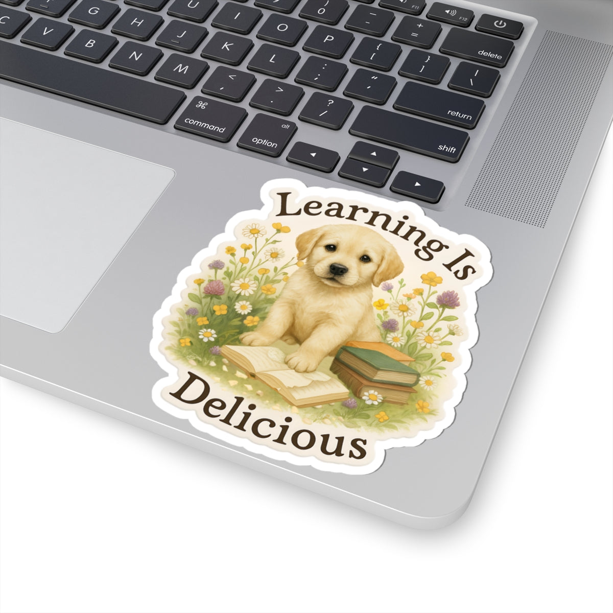 Learning Is Delicious Sticker, Yellow Labrador Puppy Reading Book Sticker, Wildflower Meadow Dog Vinyl Decal, Cute Bookish Gift For Dog Lovers