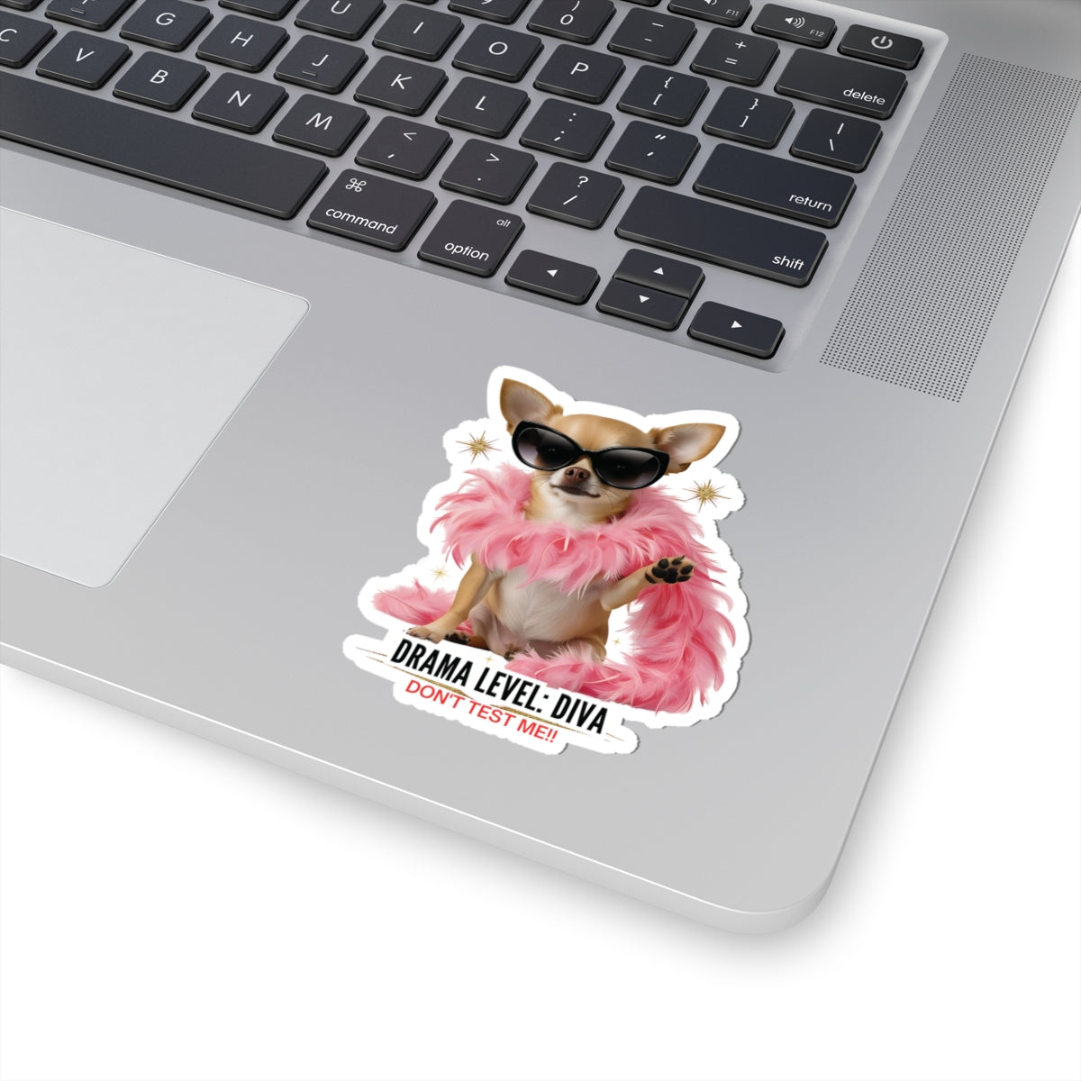 Drama Level: Diva Sticker, Funny Small Dog Attitude Vinyl Sticker, Pink Feather Boa Glam Pup, Gift For Pet Lovers Sassy Waterproof Decal