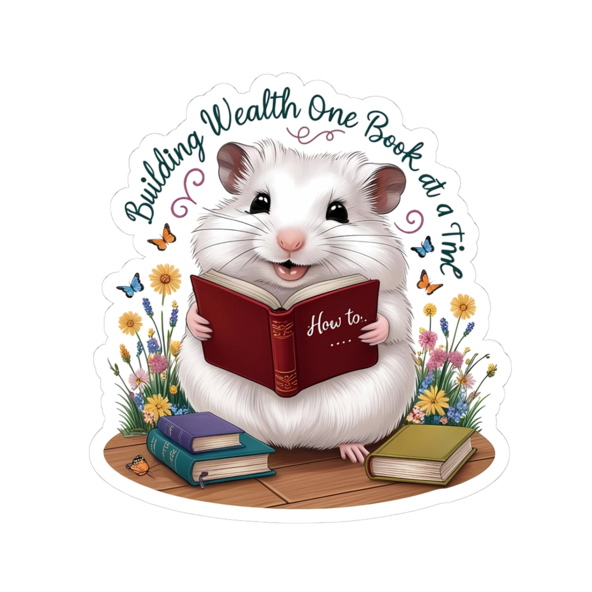 Building Wealth Hamster Sticker, Cute Book Lover Financial Literacy Vinyl Sticker, Motivational Animal Art Waterproof Reading Gift For Nerds