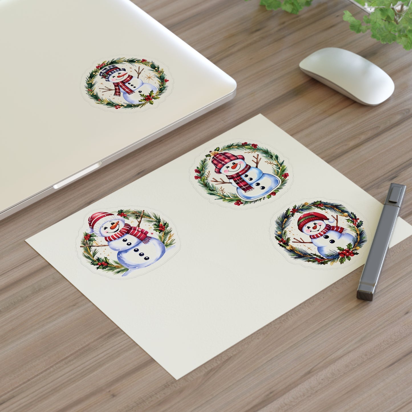 Four Snowman Sticker Set, Winter Holiday Decals, Christmas Snowmen Vinyl Stickers, Wreath Art For Laptop, Planner, Scrapbook, Mug,Journal