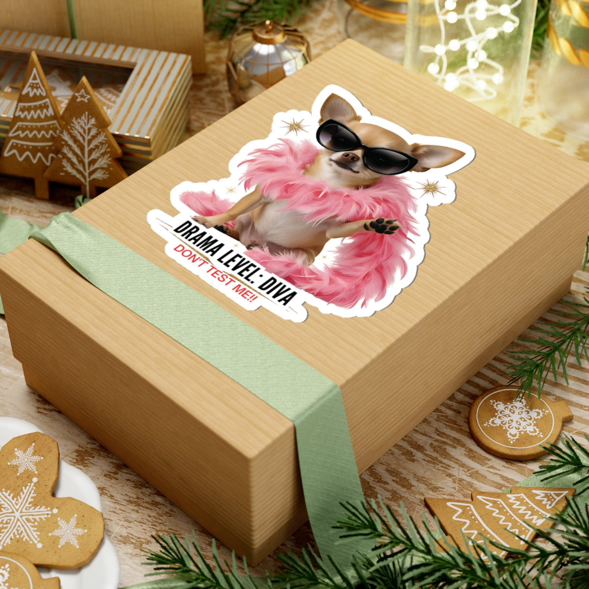 Drama Level: Diva Sticker, Funny Small Dog Attitude Vinyl Sticker, Pink Feather Boa Glam Pup, Gift For Pet Lovers Sassy Waterproof Decal