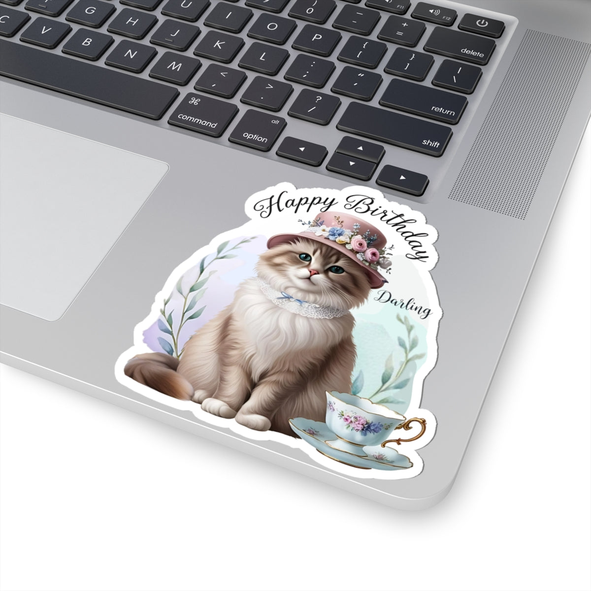 Happy Birthday Darling Sticker, Fluffy Cat In Floral Hat With Teacup Vintage Style Cute Vinyl Sticker, Gift For Cat Lovers Elegant Party Art