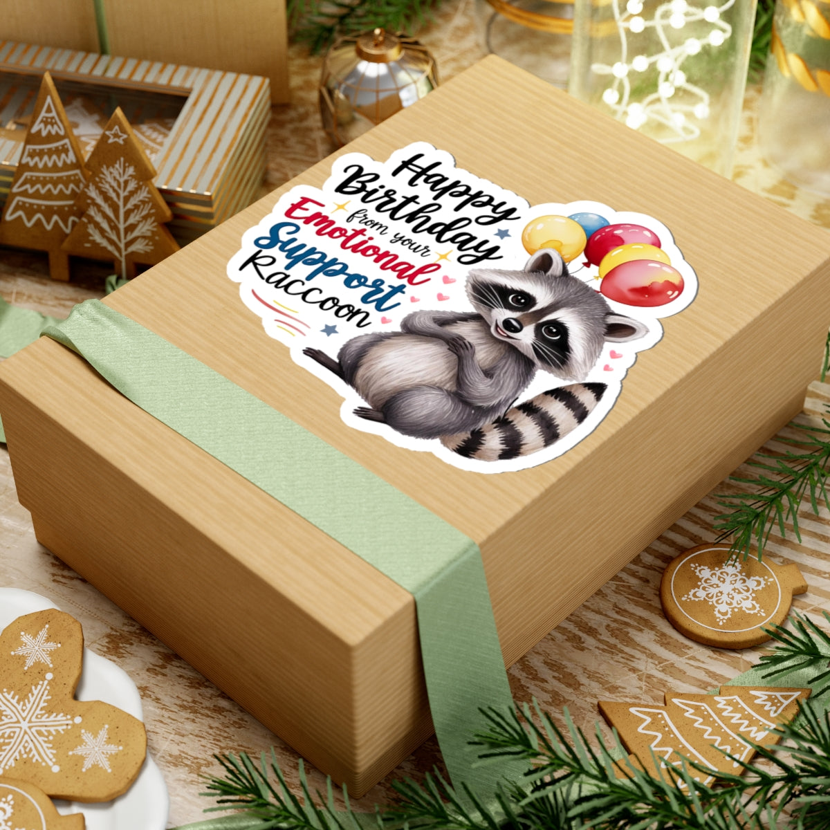Raccoon Birthday Sticker, Emotional Support Animal Funny Gift Vinyl, Waterproof Decal Cute Animal Hug Balloons Encouragement Sticker
