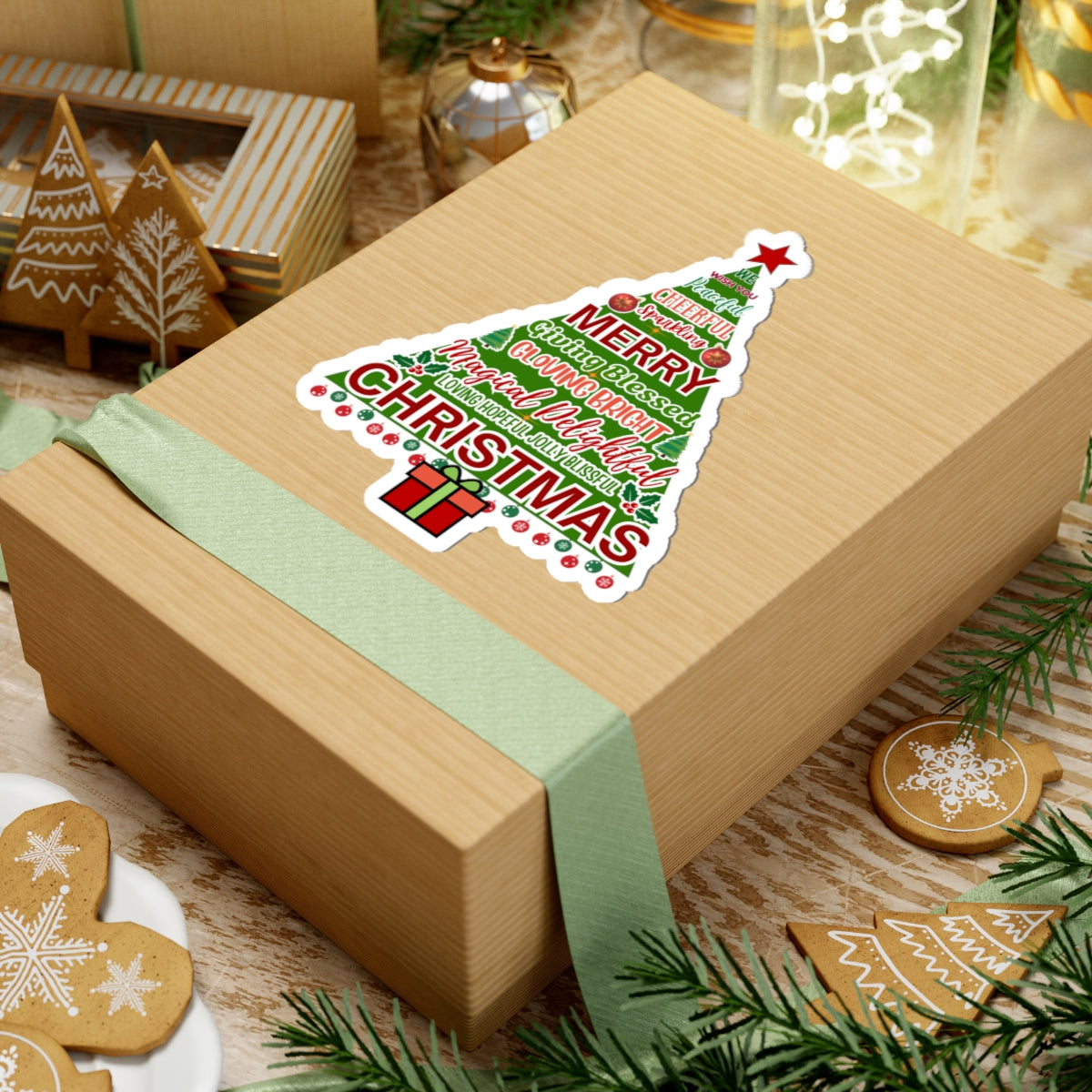 Christmas Tree Sticker, Positive Xmas Words Kiss Cut Sticker, Holiday Gift Sticker, Cute Festive Vinyl Waterproof Sticker For Scrapbook Laptop