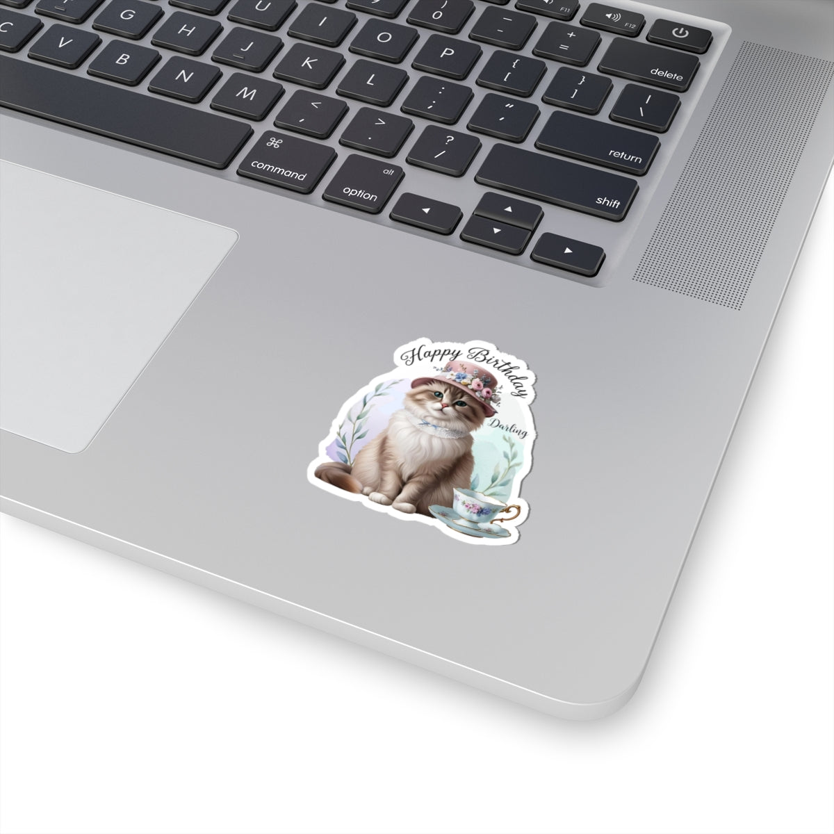Happy Birthday Darling Sticker, Fluffy Cat In Floral Hat With Teacup Vintage Style Cute Vinyl Sticker, Gift For Cat Lovers Elegant Party Art