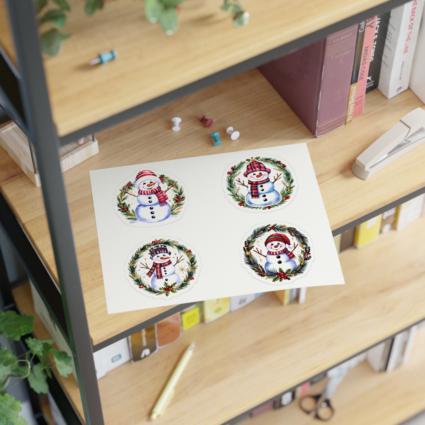 Four Snowman Sticker Set, Winter Holiday Decals, Christmas Snowmen Vinyl Stickers, Wreath Art For Laptop, Planner, Scrapbook, Mug,Journal