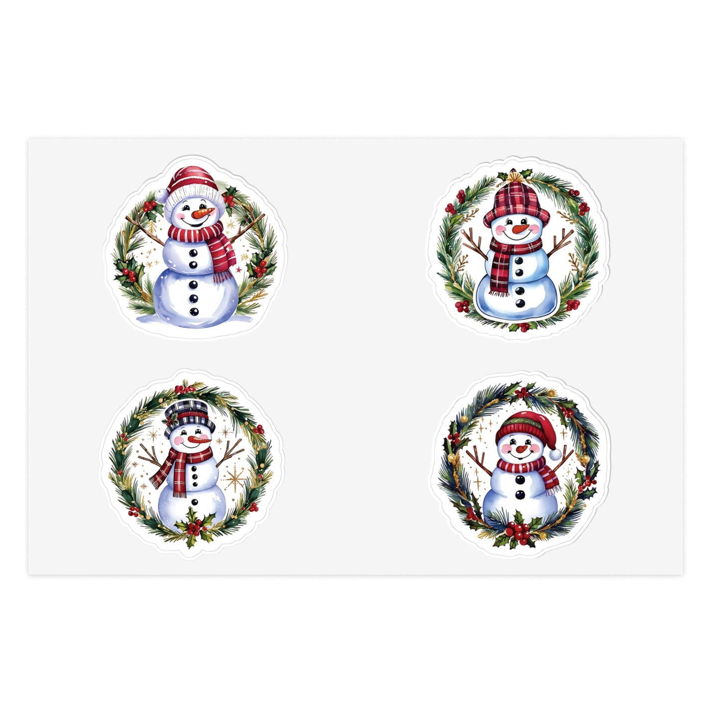 Four Snowman Sticker Set, Winter Holiday Decals, Christmas Snowmen Vinyl Stickers, Wreath Art For Laptop, Planner, Scrapbook, Mug,Journal