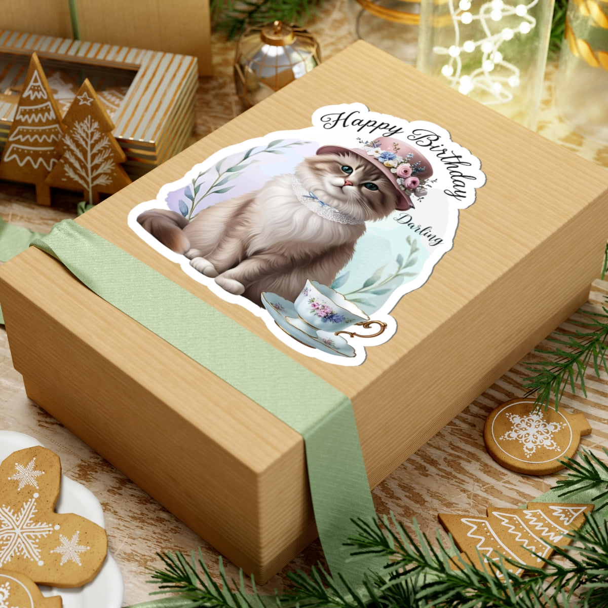 Happy Birthday Darling Sticker, Fluffy Cat In Floral Hat With Teacup Vintage Style Cute Vinyl Sticker, Gift For Cat Lovers Elegant Party Art