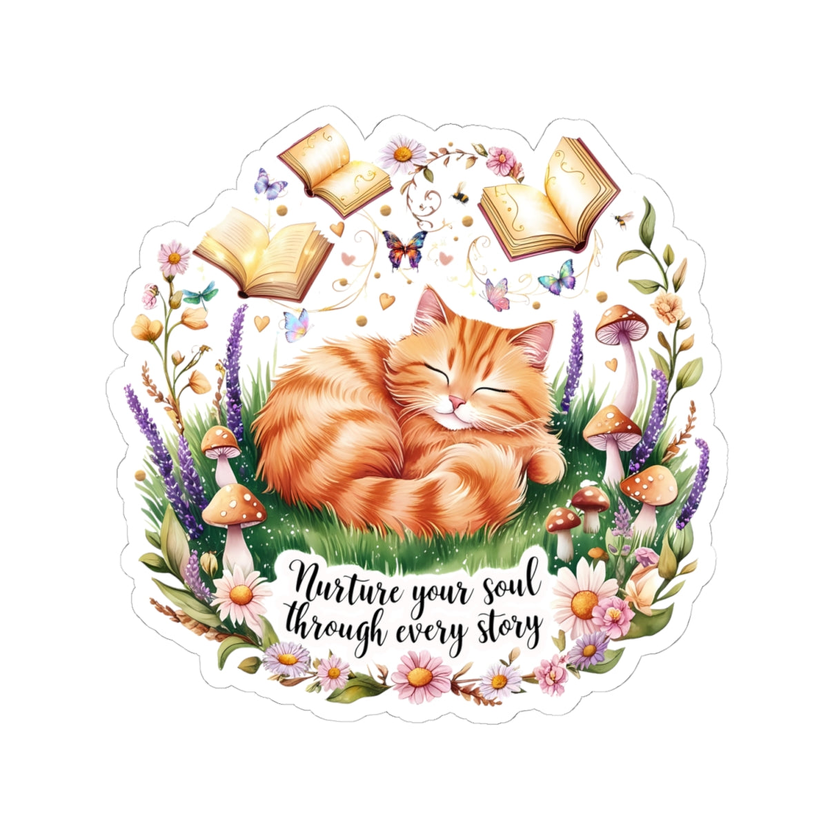 Nurture Your Soul Through Every Story Book Lover Cat Lover Plant Lover Sticker Nature Inspired Decal Laptop Planner Sticker