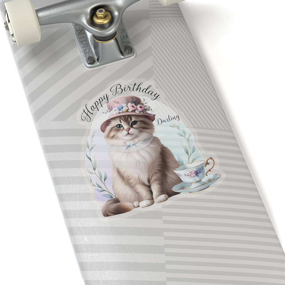 Happy Birthday Darling Sticker, Fluffy Cat In Floral Hat With Teacup Vintage Style Cute Vinyl Sticker, Gift For Cat Lovers Elegant Party Art