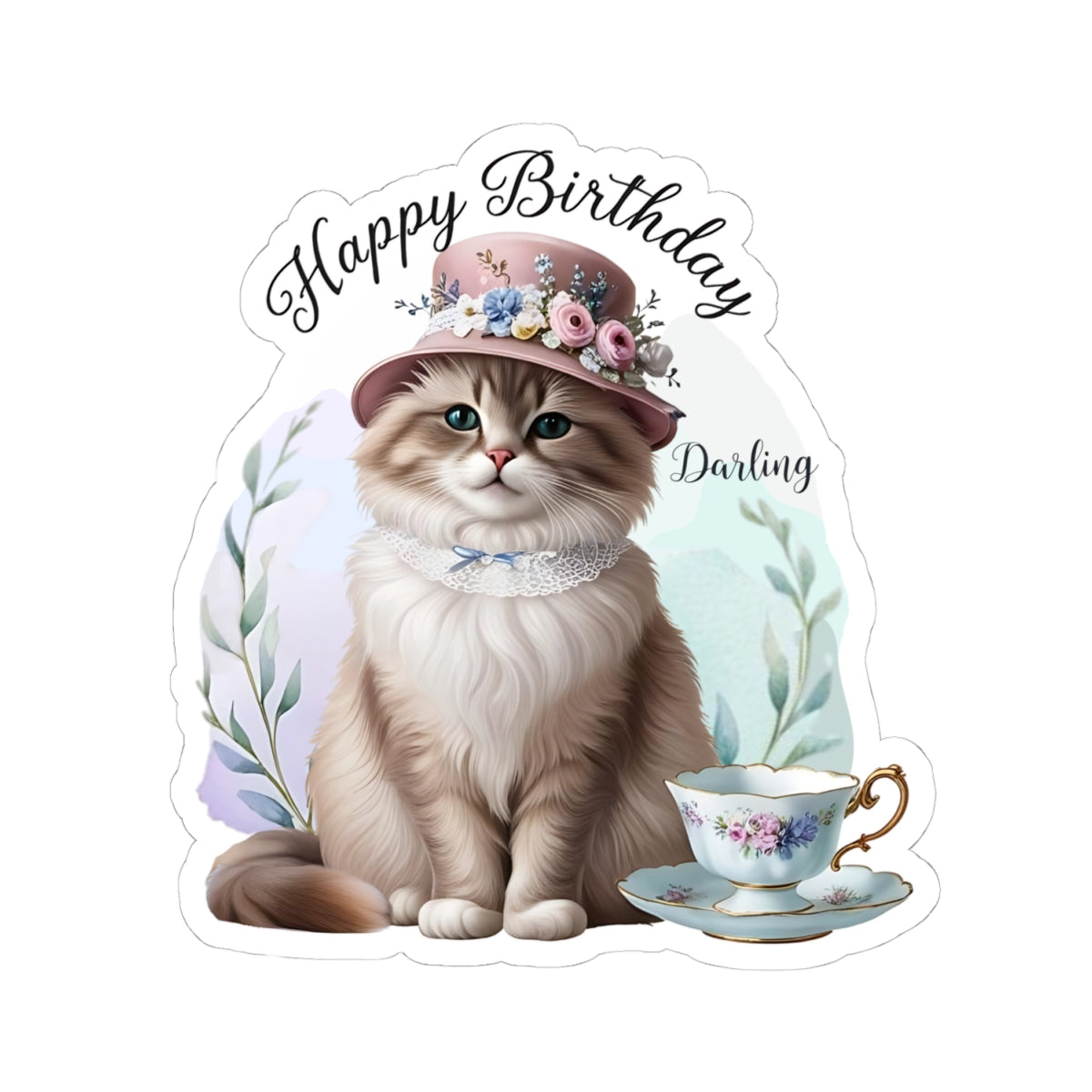 Happy Birthday Darling Sticker, Fluffy Cat In Floral Hat With Teacup Vintage Style Cute Vinyl Sticker, Gift For Cat Lovers Elegant Party Art