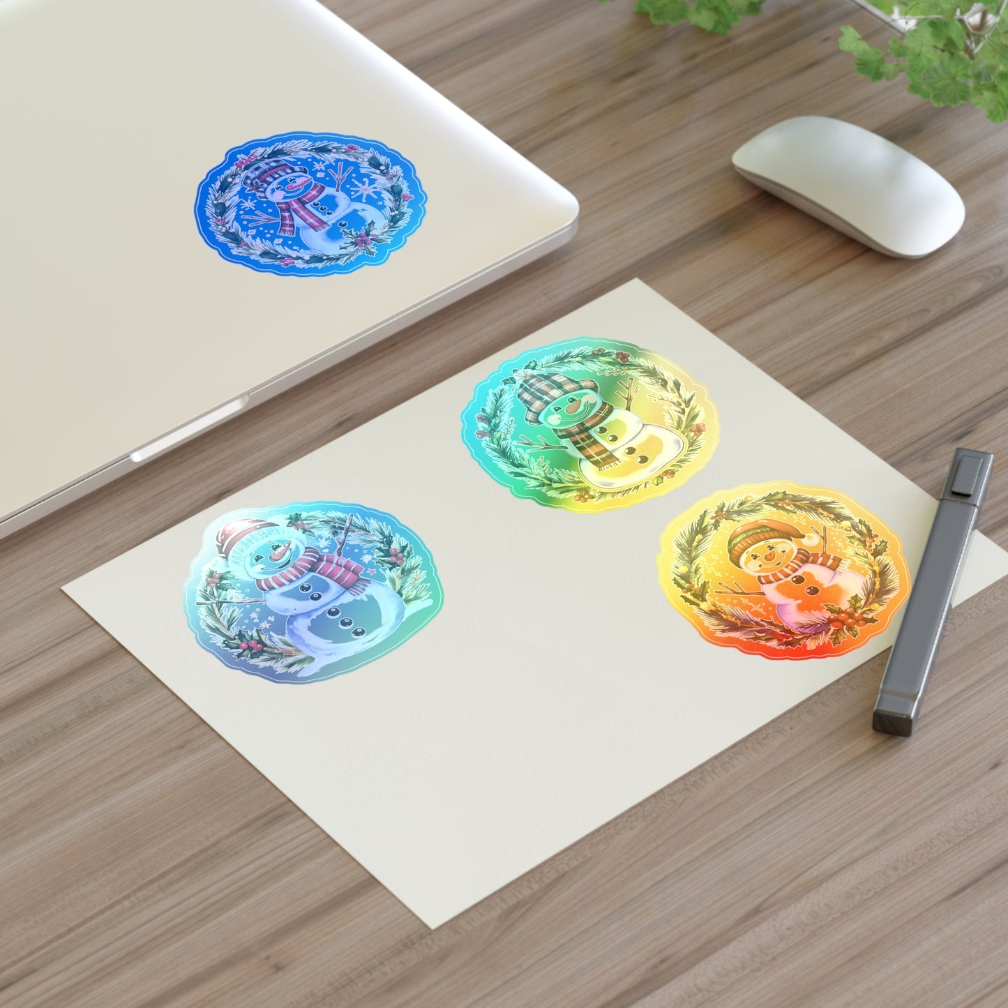 Four Snowman Sticker Set, Winter Holiday Decals, Christmas Snowmen Vinyl Stickers, Wreath Art For Laptop, Planner, Scrapbook, Mug,Journal