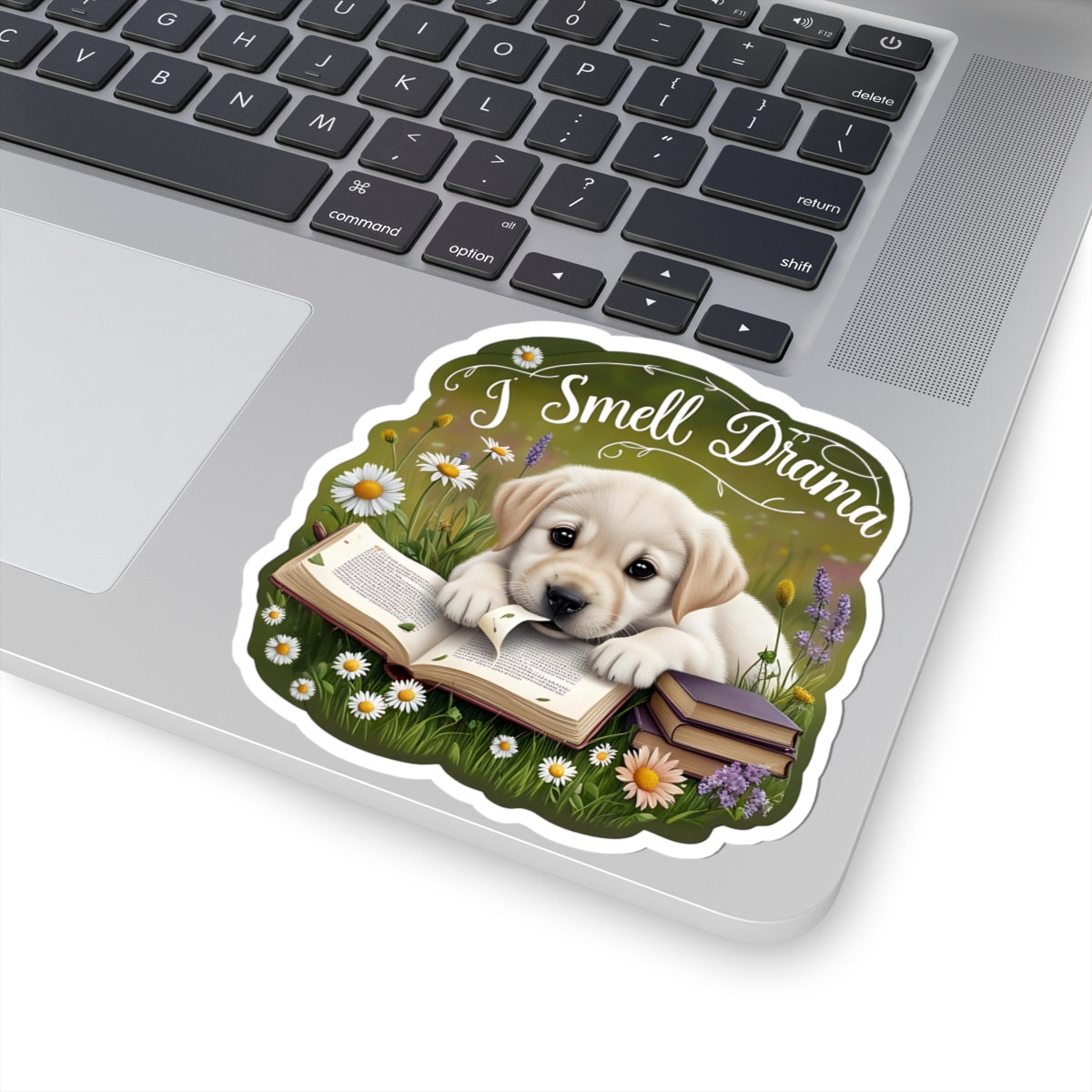 I Smell Drama Sticker, Cute Labrador Puppy Book Lover Gift, Reading Dog Vinyl Sticker, Daisy Meadow Decor, Waterproof Literary Dog Decal Gift