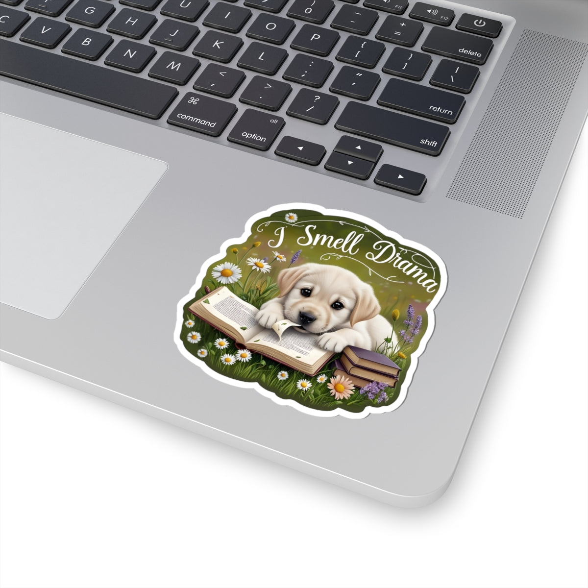 I Smell Drama Sticker, Cute Labrador Puppy Book Lover Gift, Reading Dog Vinyl Sticker, Daisy Meadow Decor, Waterproof Literary Dog Decal Gift
