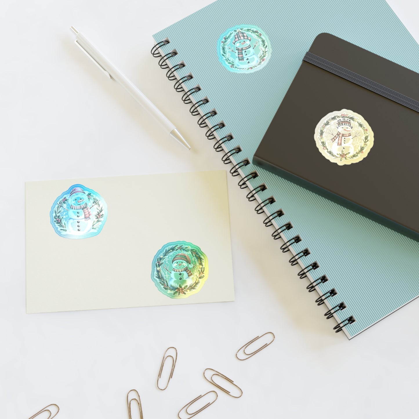 Four Snowman Sticker Set, Winter Holiday Decals, Christmas Snowmen Vinyl Stickers, Wreath Art For Laptop, Planner, Scrapbook, Mug,Journal
