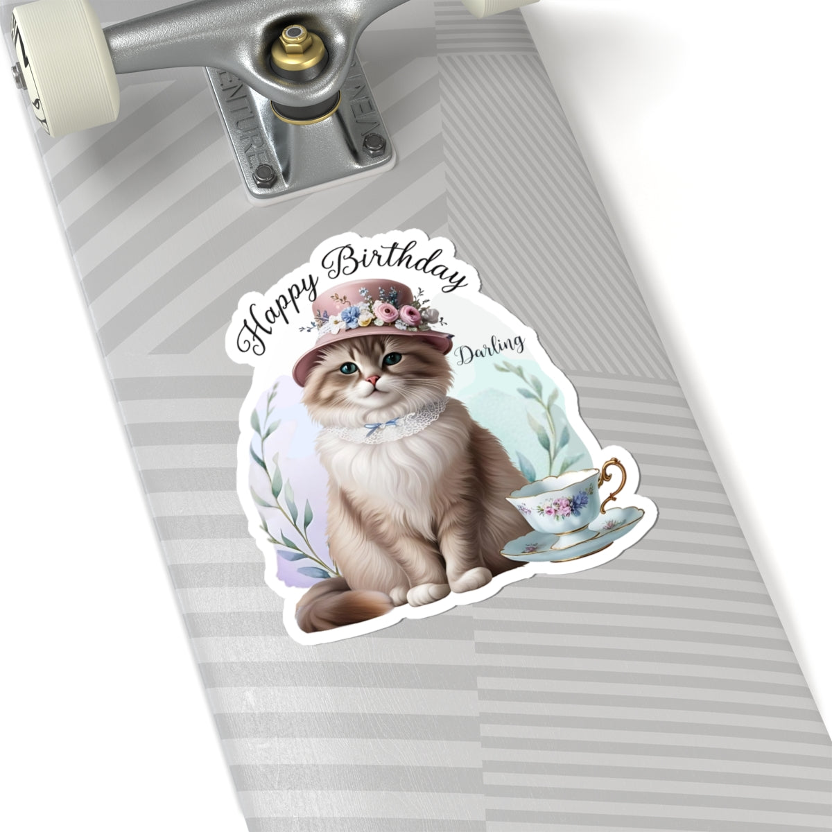Happy Birthday Darling Sticker, Fluffy Cat In Floral Hat With Teacup Vintage Style Cute Vinyl Sticker, Gift For Cat Lovers Elegant Party Art