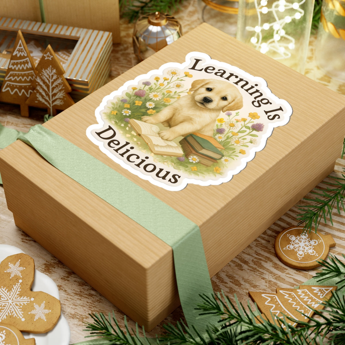 Learning Is Delicious Sticker, Yellow Labrador Puppy Reading Book Sticker, Wildflower Meadow Dog Vinyl Decal, Cute Bookish Gift For Dog Lovers
