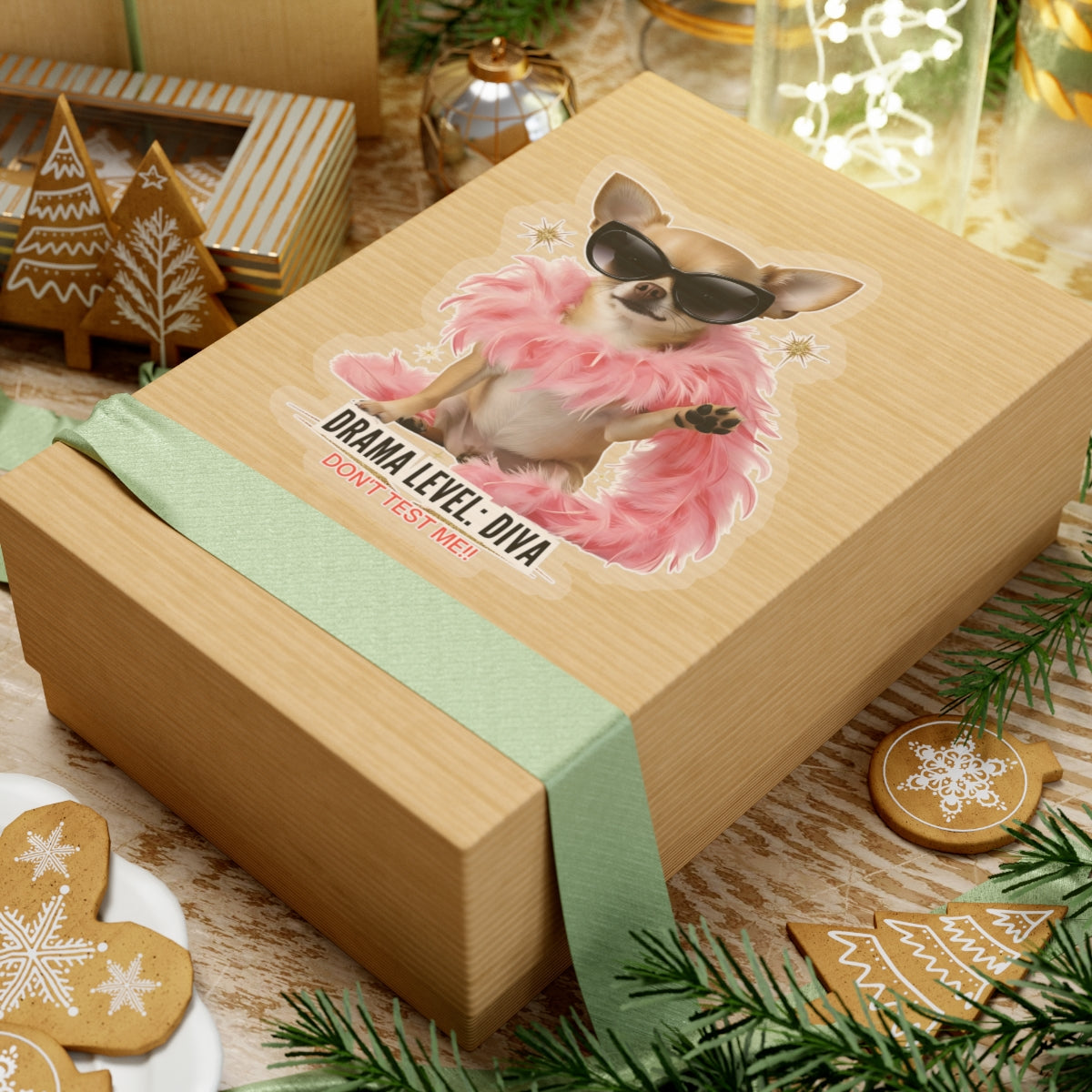 Drama Level: Diva Sticker, Funny Small Dog Attitude Vinyl Sticker, Pink Feather Boa Glam Pup, Gift For Pet Lovers Sassy Waterproof Decal