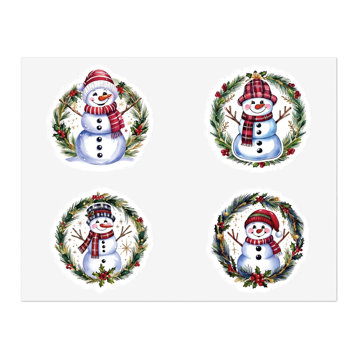 Four Snowman Sticker Set, Winter Holiday Decals, Christmas Snowmen Vinyl Stickers, Wreath Art For Laptop, Planner, Scrapbook, Mug,Journal