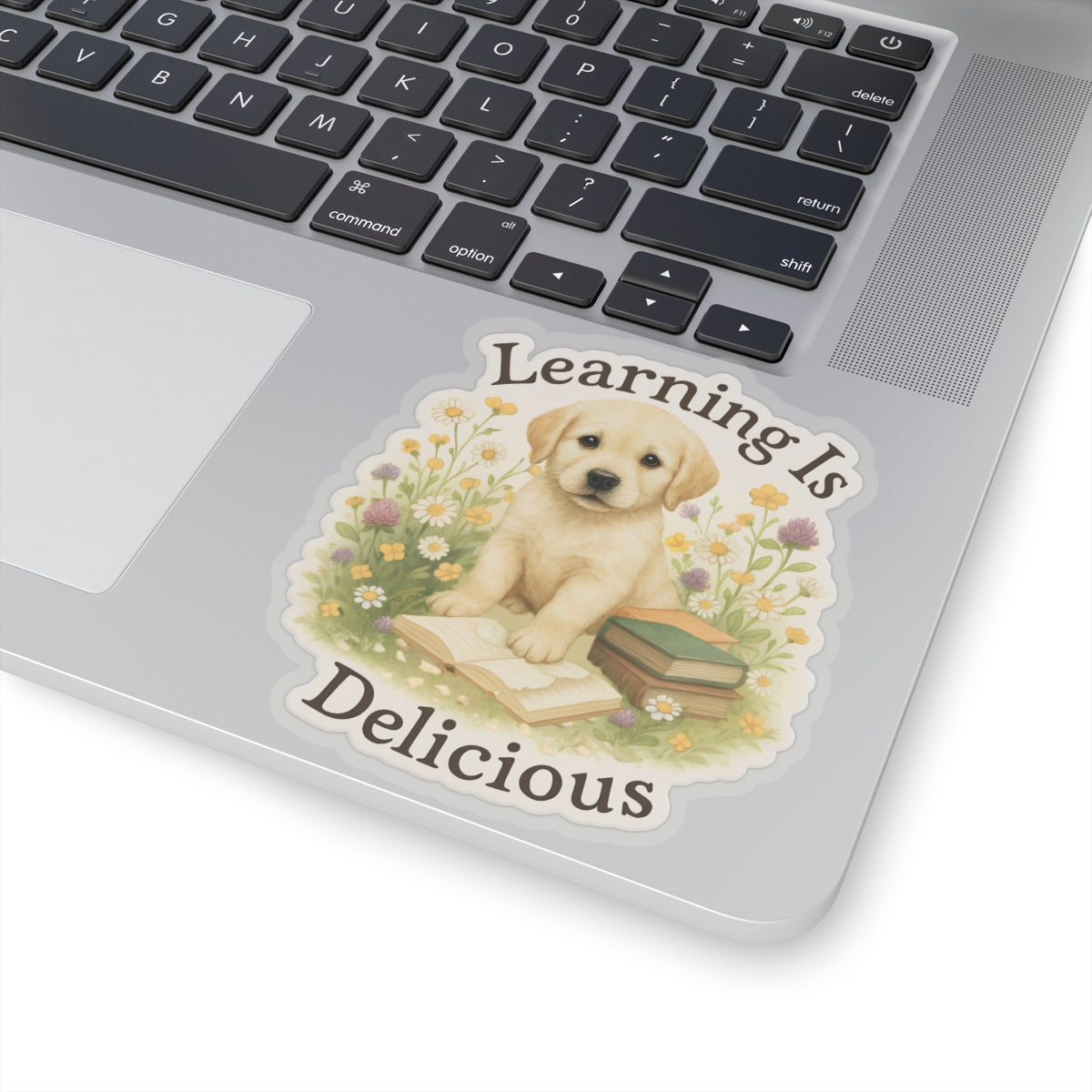 Learning Is Delicious Sticker, Yellow Labrador Puppy Reading Book Sticker, Wildflower Meadow Dog Vinyl Decal, Cute Bookish Gift For Dog Lovers