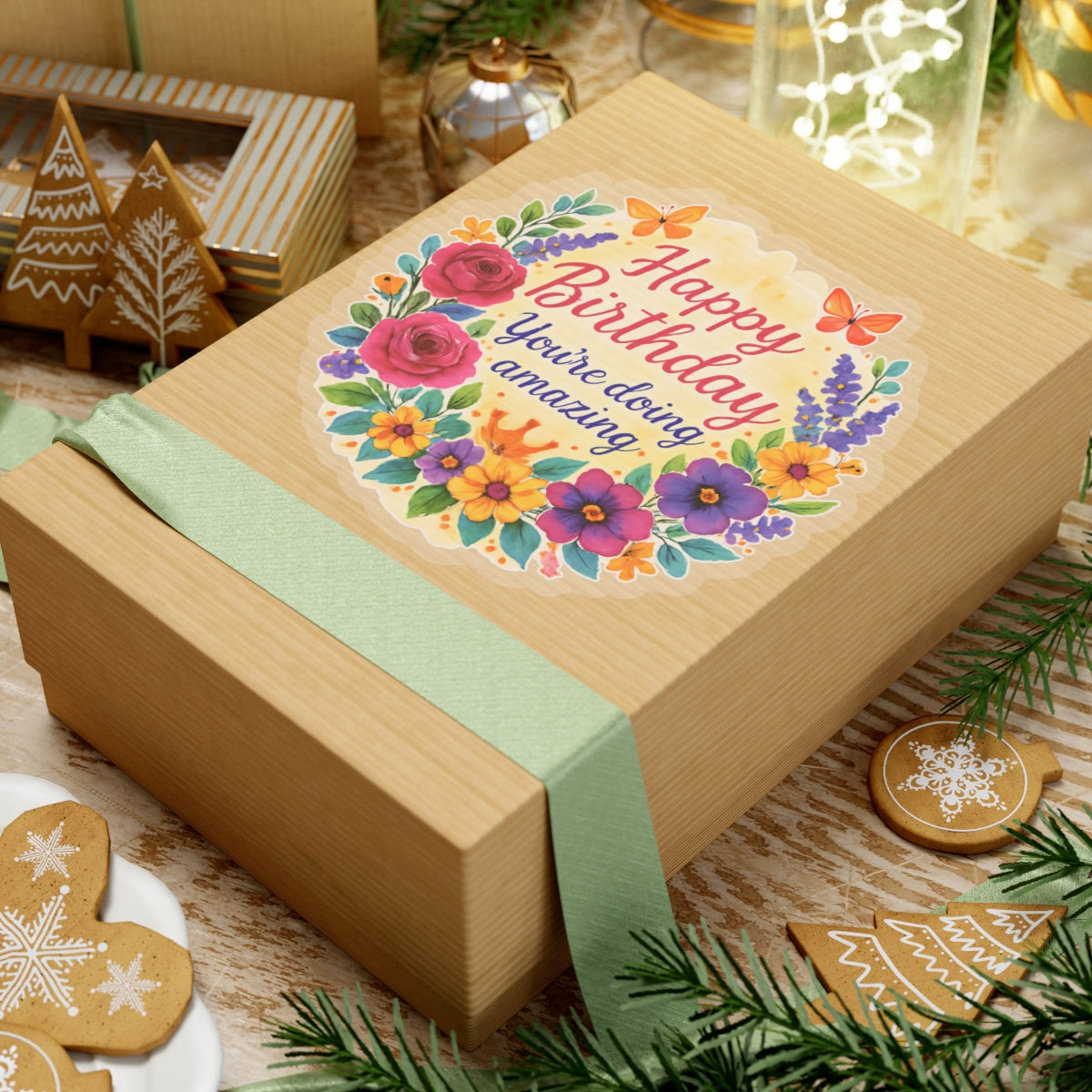 Happy Birthday You Are Doing Amazing Floral Watercolor Wreath Vinyl Sticker, Encouragement Gift Uplifting Birthday Quote Art Gift