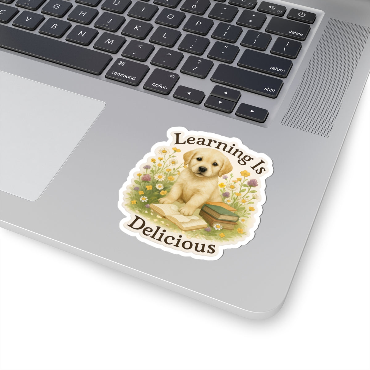 Learning Is Delicious Sticker, Yellow Labrador Puppy Reading Book Sticker, Wildflower Meadow Dog Vinyl Decal, Cute Bookish Gift For Dog Lovers