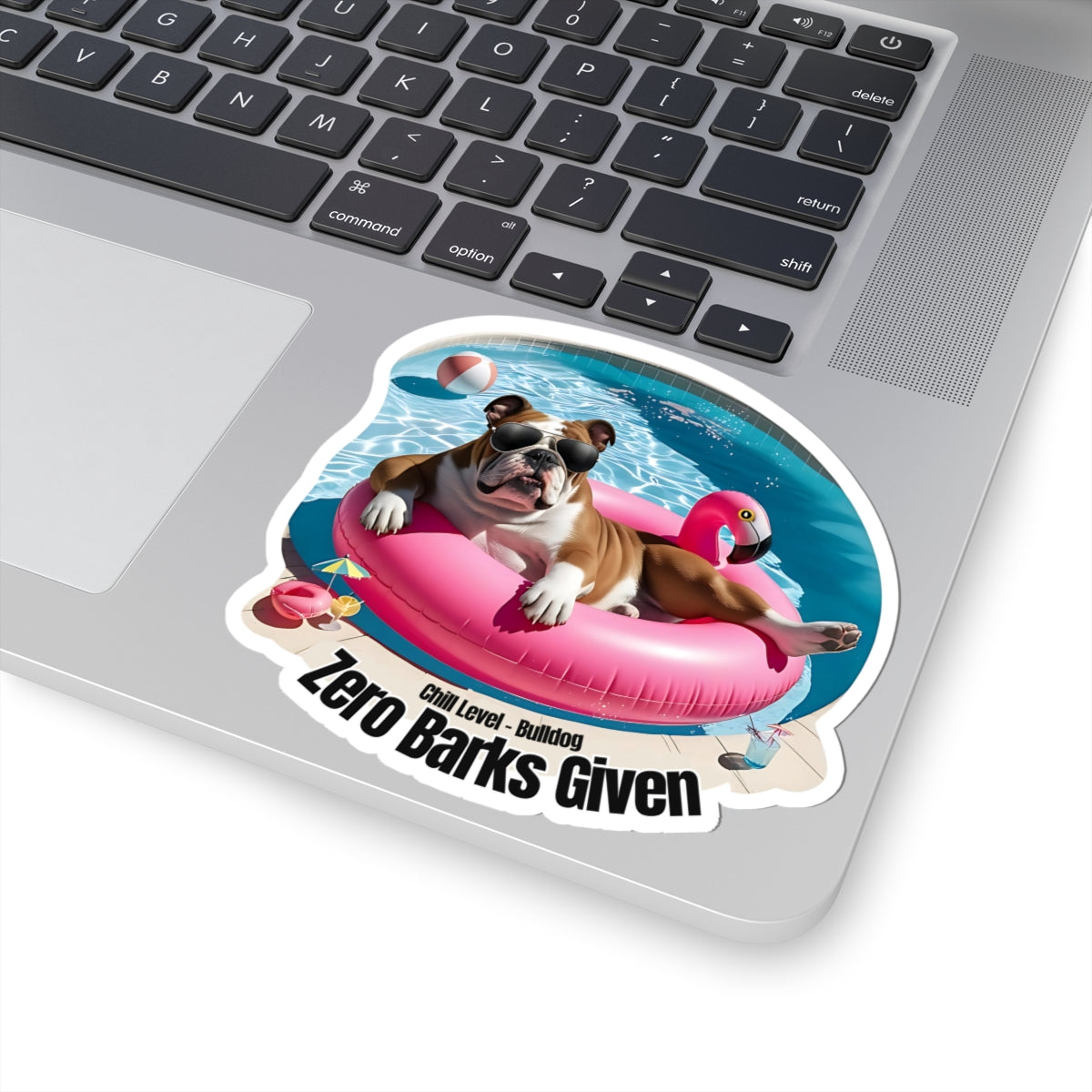 Zero Barks Given Sticker, Funny Bulldog Summer Vinyl Sticker, Chill Level Bulldog Dog Lover Gift, Pool Float Humor Waterproof Laptop Decal Gift