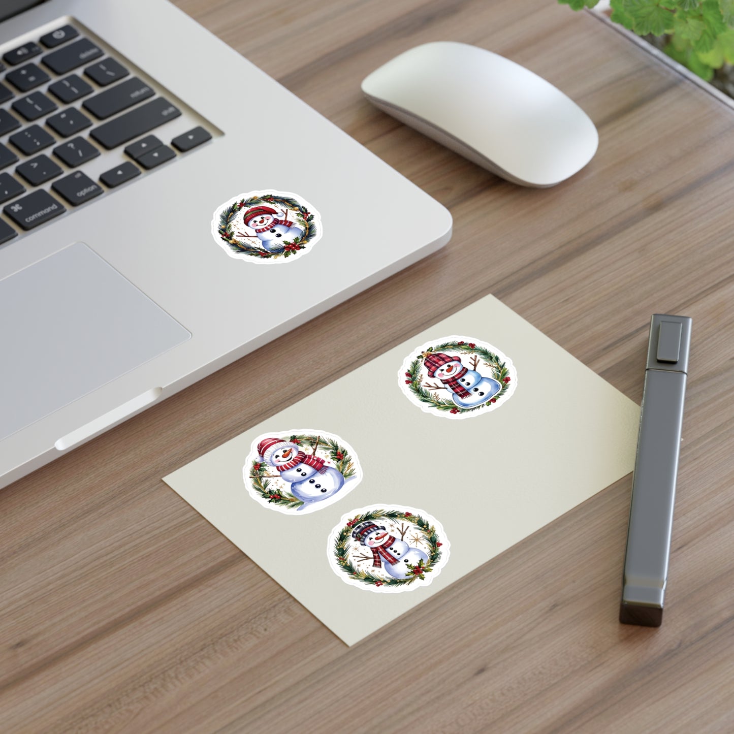 Four Snowman Sticker Set, Winter Holiday Decals, Christmas Snowmen Vinyl Stickers, Wreath Art For Laptop, Planner, Scrapbook, Mug,Journal
