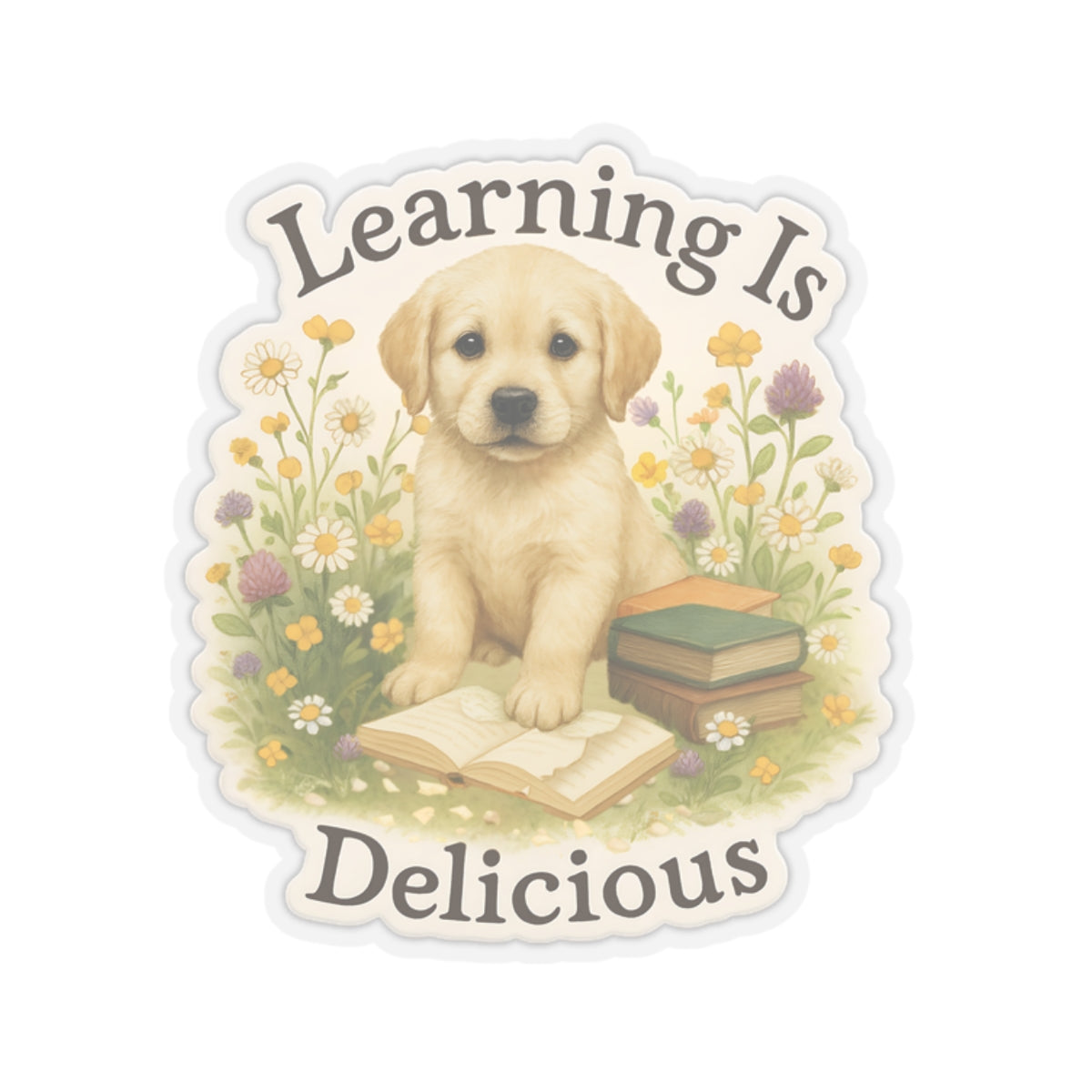 Learning Is Delicious Sticker, Yellow Labrador Puppy Reading Book Sticker, Wildflower Meadow Dog Vinyl Decal, Cute Bookish Gift For Dog Lovers