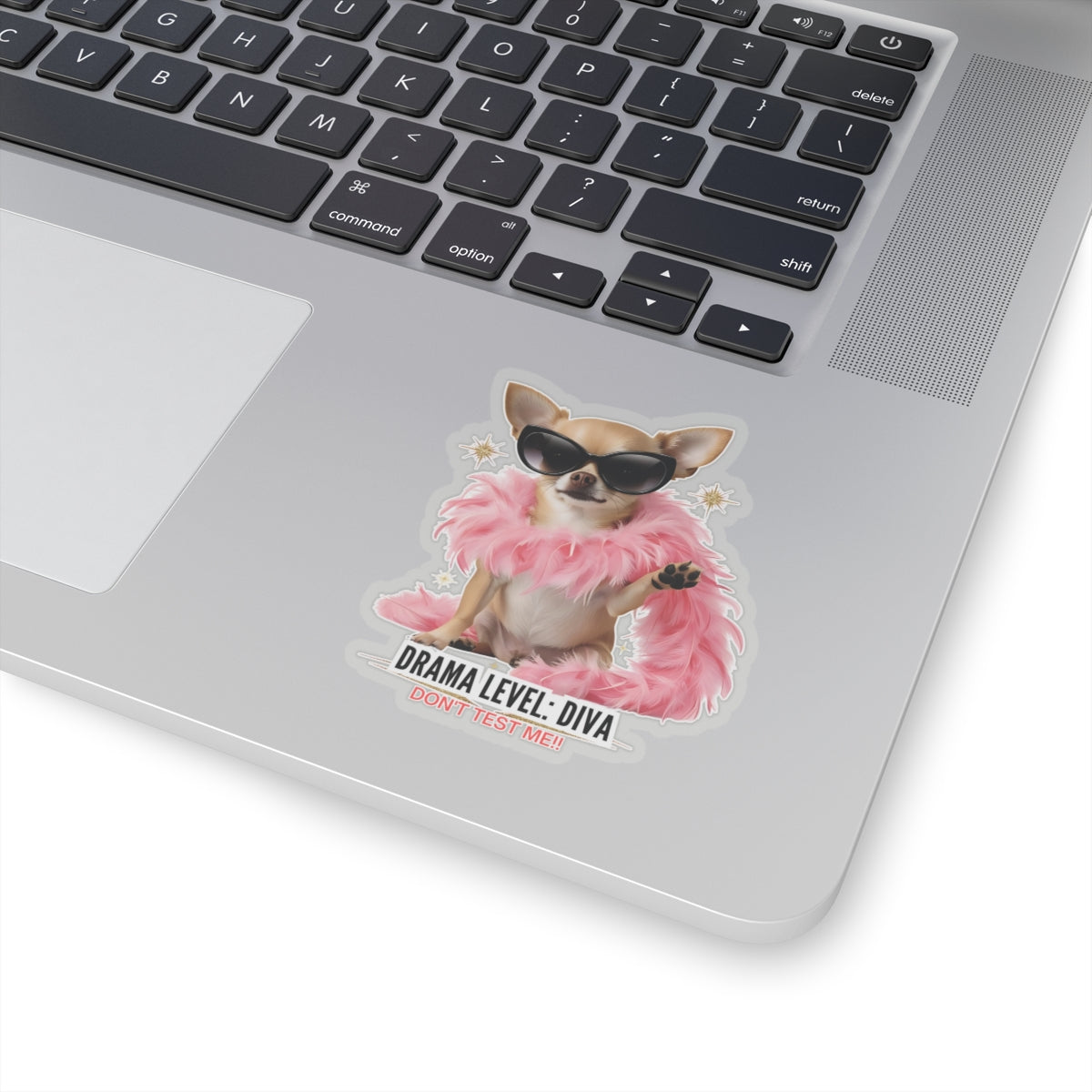 Drama Level: Diva Sticker, Funny Small Dog Attitude Vinyl Sticker, Pink Feather Boa Glam Pup, Gift For Pet Lovers Sassy Waterproof Decal