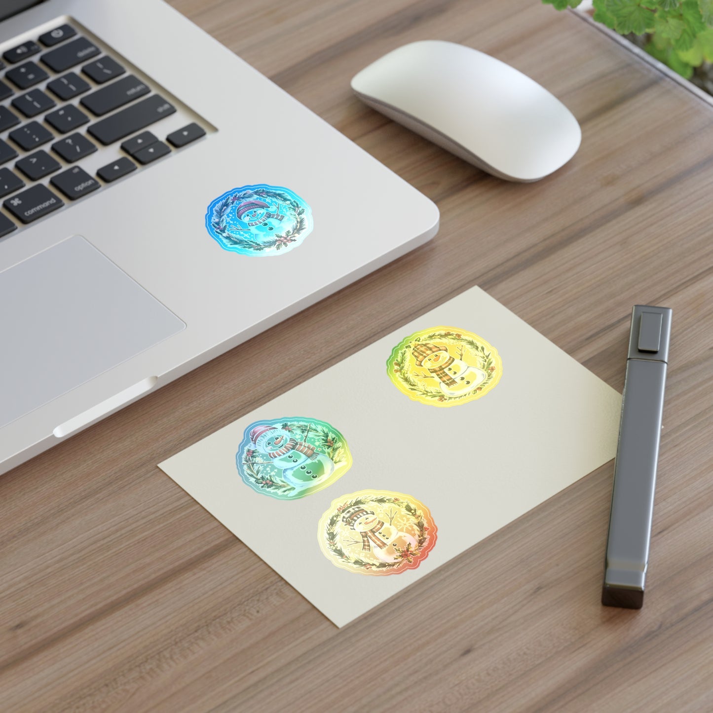 Four Snowman Sticker Set, Winter Holiday Decals, Christmas Snowmen Vinyl Stickers, Wreath Art For Laptop, Planner, Scrapbook, Mug,Journal
