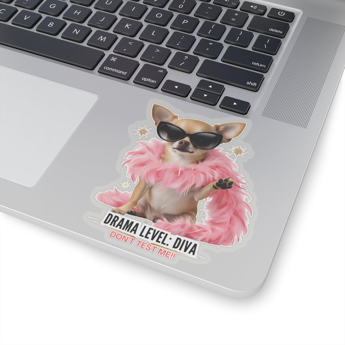 Drama Level: Diva Sticker, Funny Small Dog Attitude Vinyl Sticker, Pink Feather Boa Glam Pup, Gift For Pet Lovers Sassy Waterproof Decal