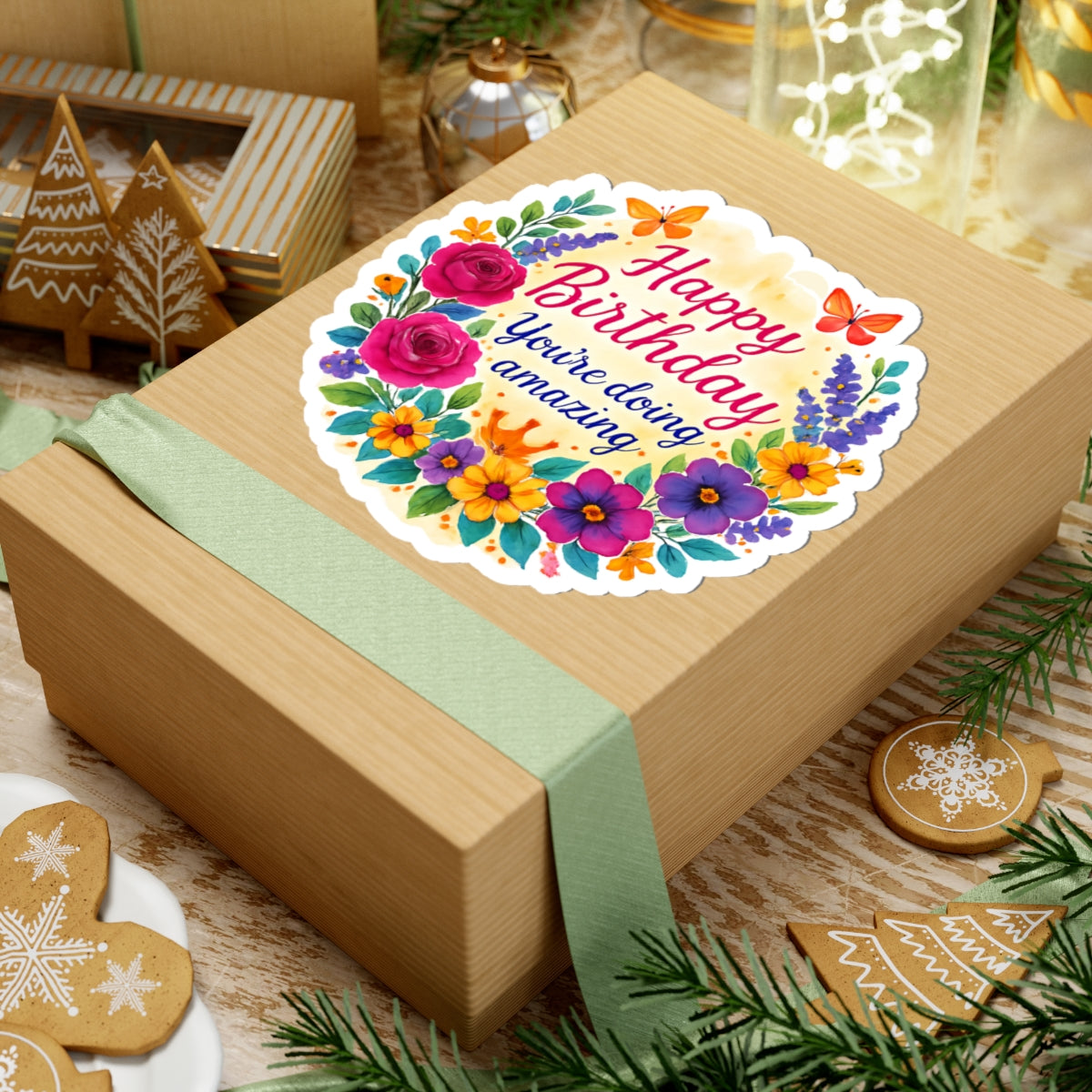 Happy Birthday You Are Doing Amazing Floral Watercolor Wreath Vinyl Sticker, Encouragement Gift Uplifting Birthday Quote Art Gift