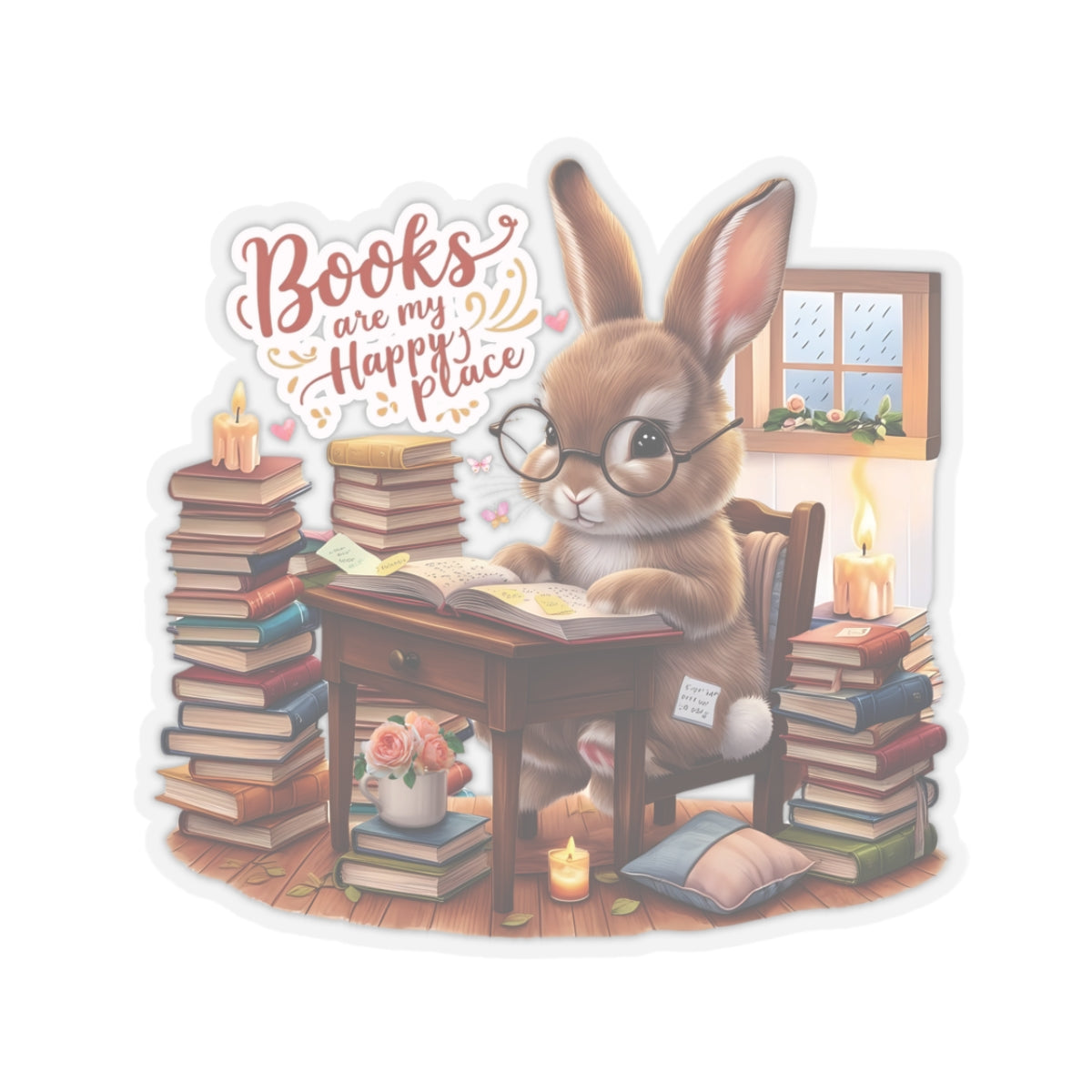Books Are My Happy Place Sticker, Cute Bookish Bunny Reading Sticker, Cozy Reading Aesthetic Gift For Teachers, Readers Students And Planners