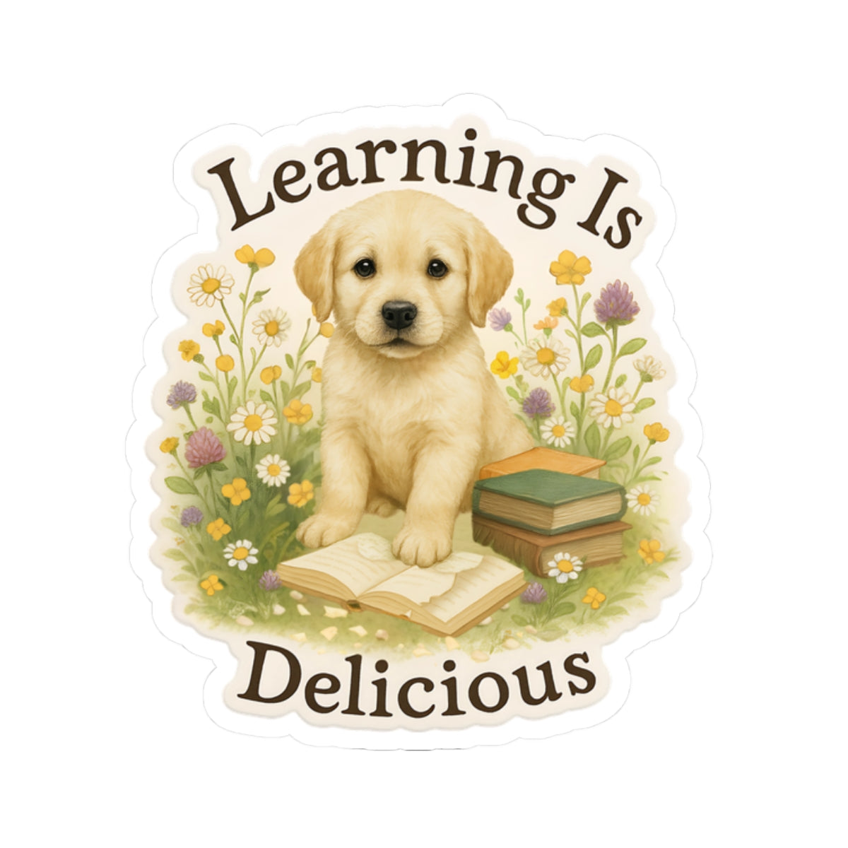 Learning Is Delicious Sticker, Yellow Labrador Puppy Reading Book Sticker, Wildflower Meadow Dog Vinyl Decal, Cute Bookish Gift For Dog Lovers