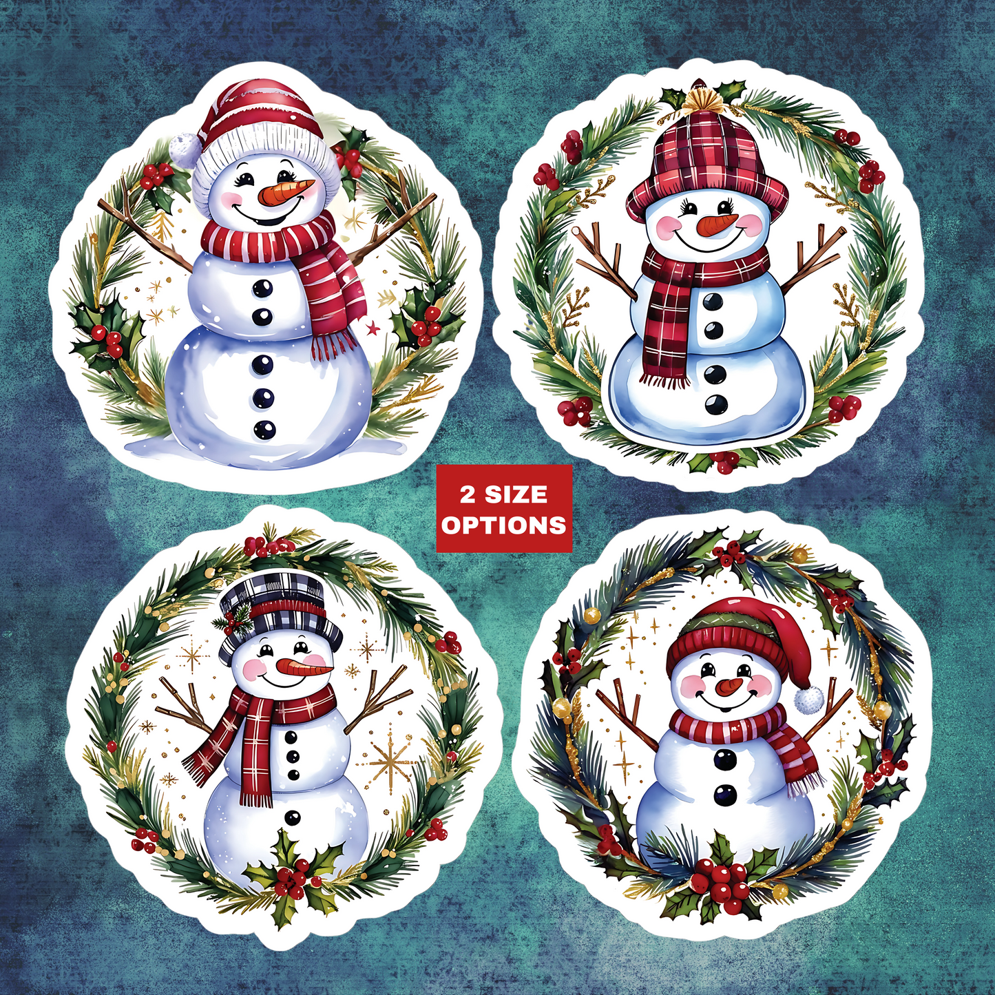 Four Snowman Sticker Set, Winter Holiday Decals, Christmas Snowmen Vinyl Stickers, Wreath Art For Laptop, Planner, Scrapbook, Mug,Journal