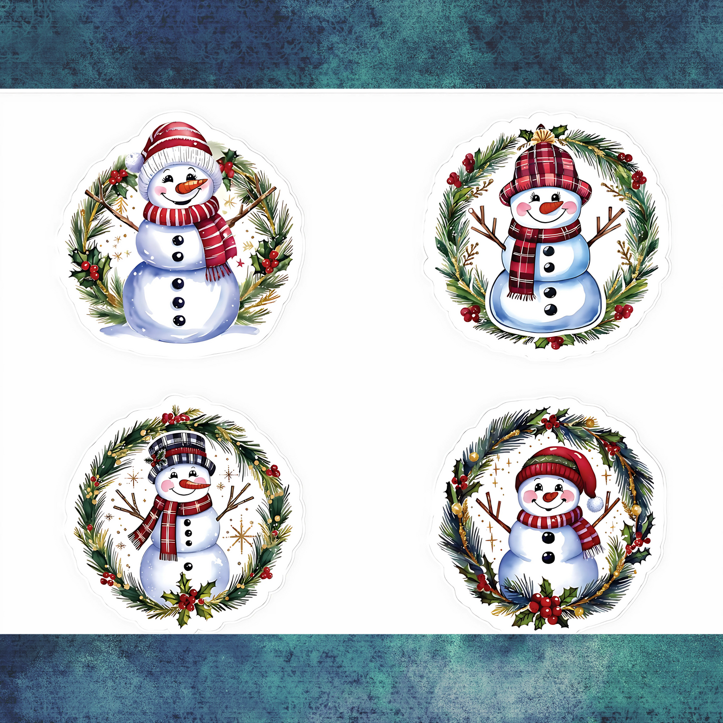 Four Snowman Sticker Set, Winter Holiday Decals, Christmas Snowmen Vinyl Stickers, Wreath Art For Laptop, Planner, Scrapbook, Mug,Journal